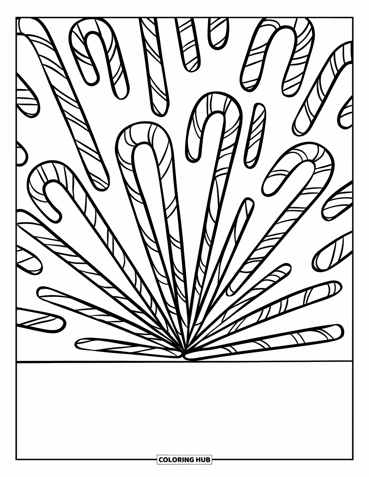 Candy Coloring Page for Kids: A rainbow of candy canes arranged in a fan shape, suitable for grade schoolers