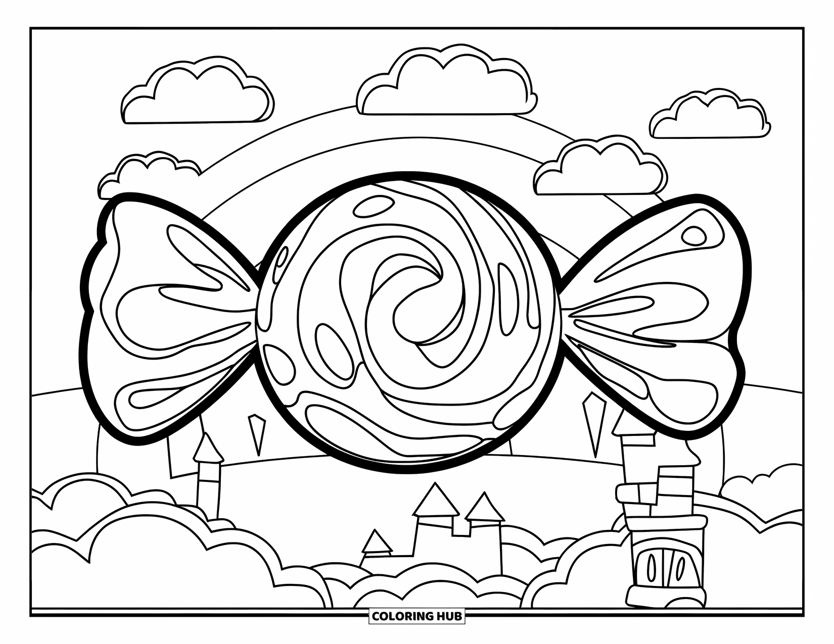 Candy Coloring Page for Kids: A round candy with swirled patterns, set against a cute scene with clouds, a rainbow, and a castle