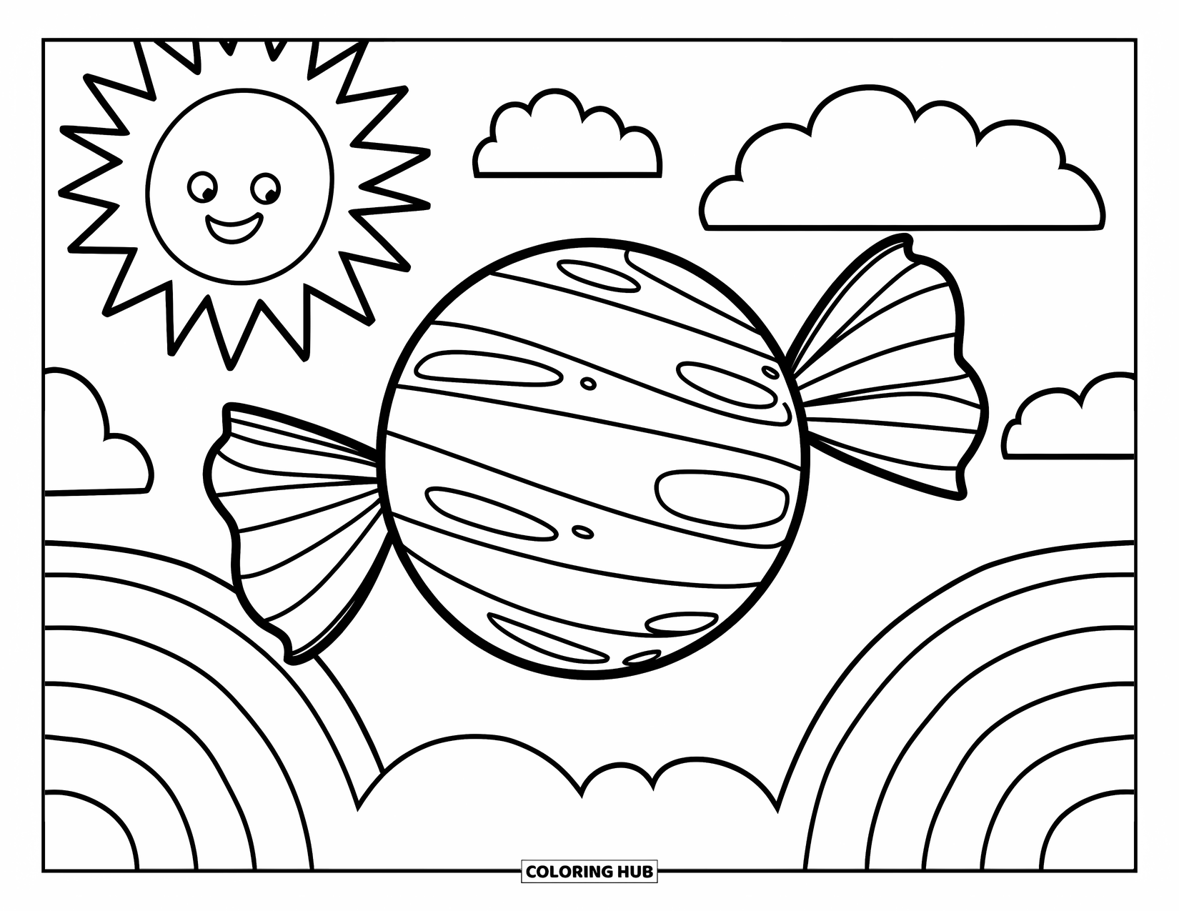 Candy Coloring Page for Kids: A round candy with swirled patterns, set in a cheerful scene with a smiling sun and rainbows