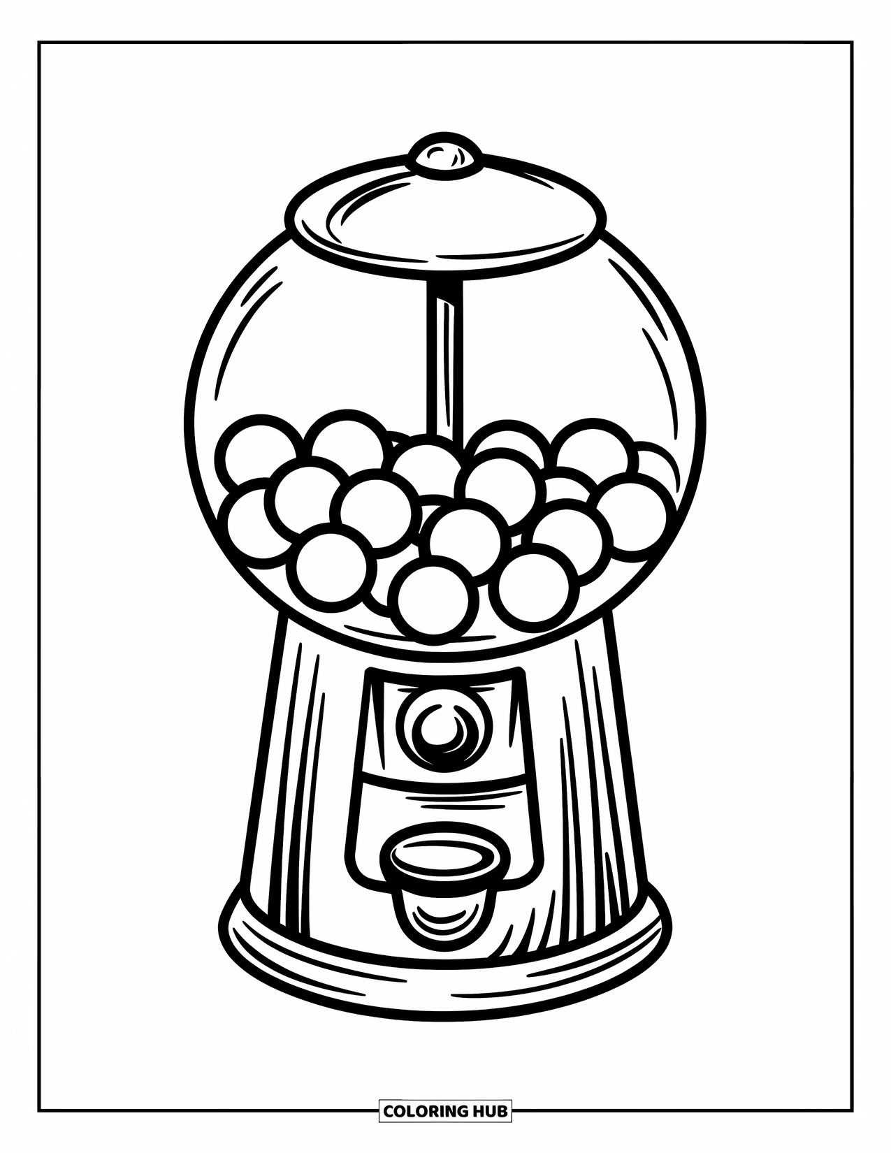 Candy Coloring Page for Kids: A simple gumball machine with gumballs inside and a coin slot at the top