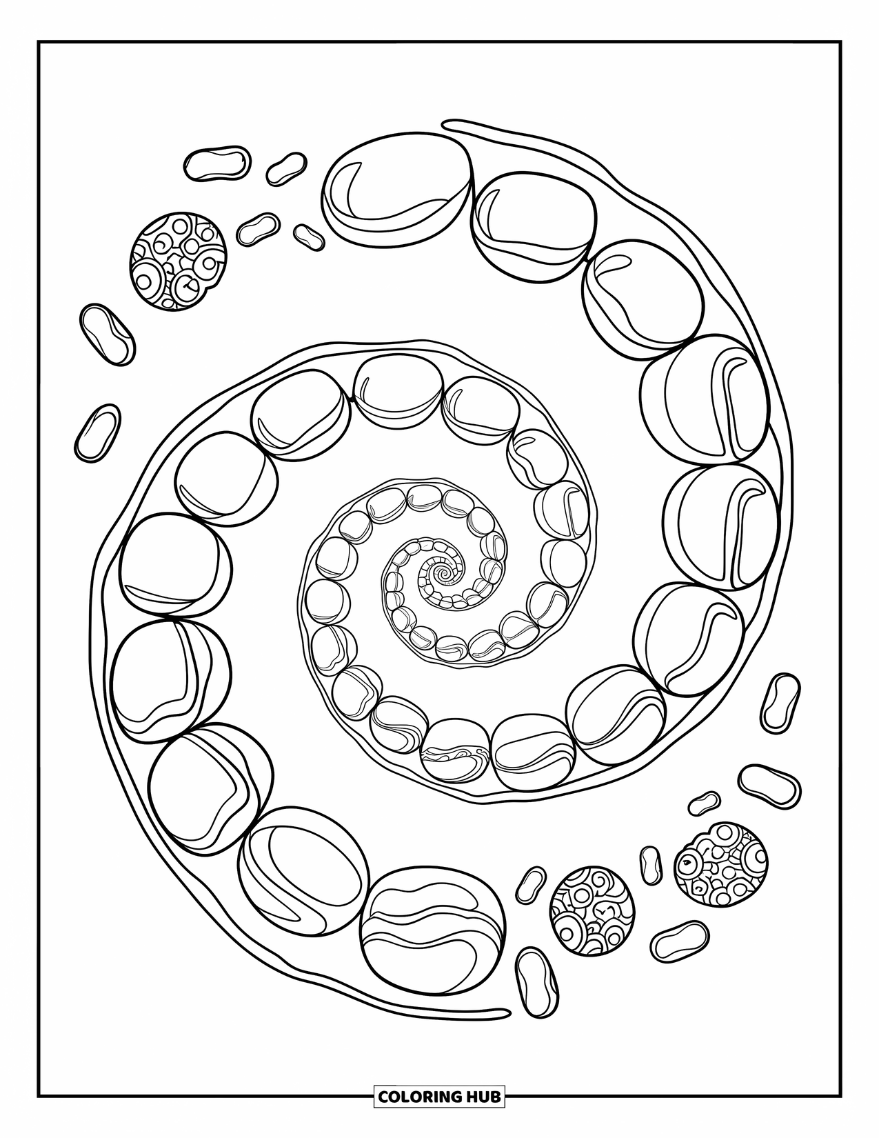 Candy Coloring Page for Kids: A spiral of jelly beans with different sizes arranged in a cursive-style dynamic pattern