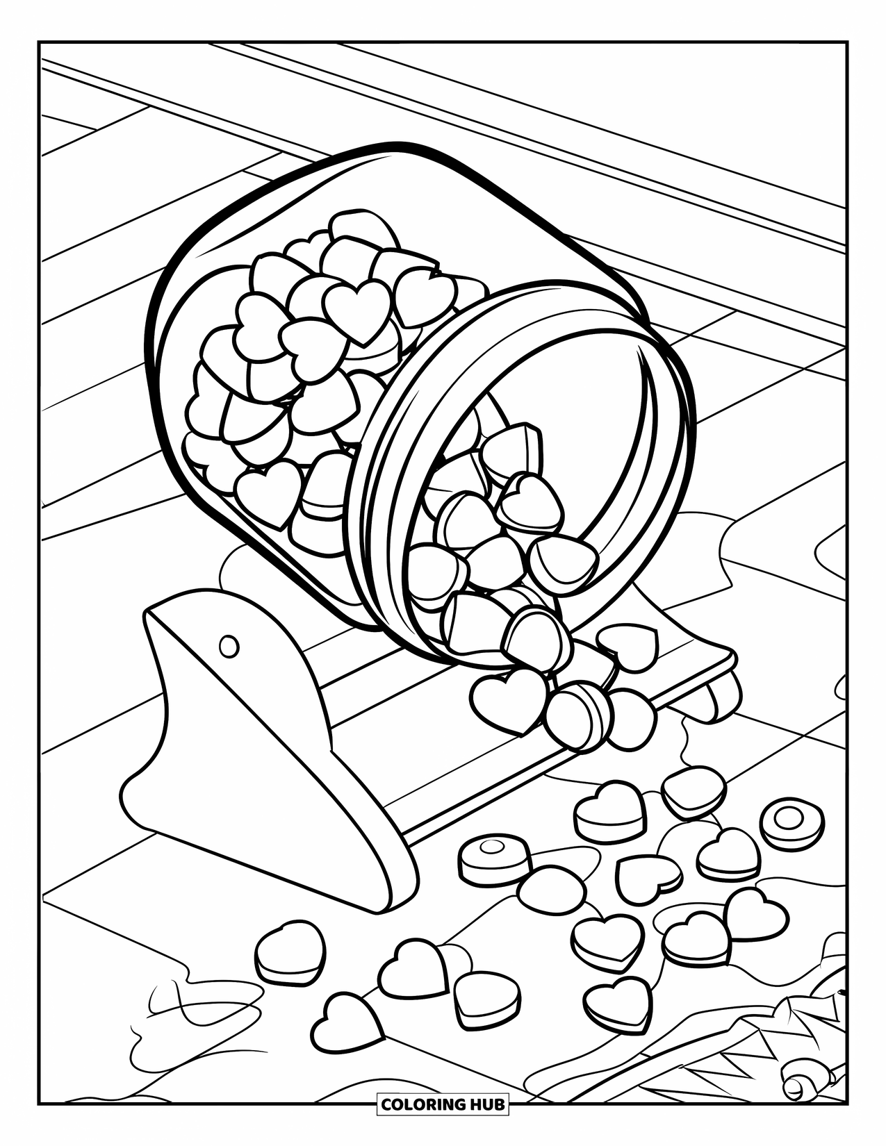 Candy Coloring Page for Kids: A tipped candy jar with spilled candies in the shape of hearts, stars, and circles
