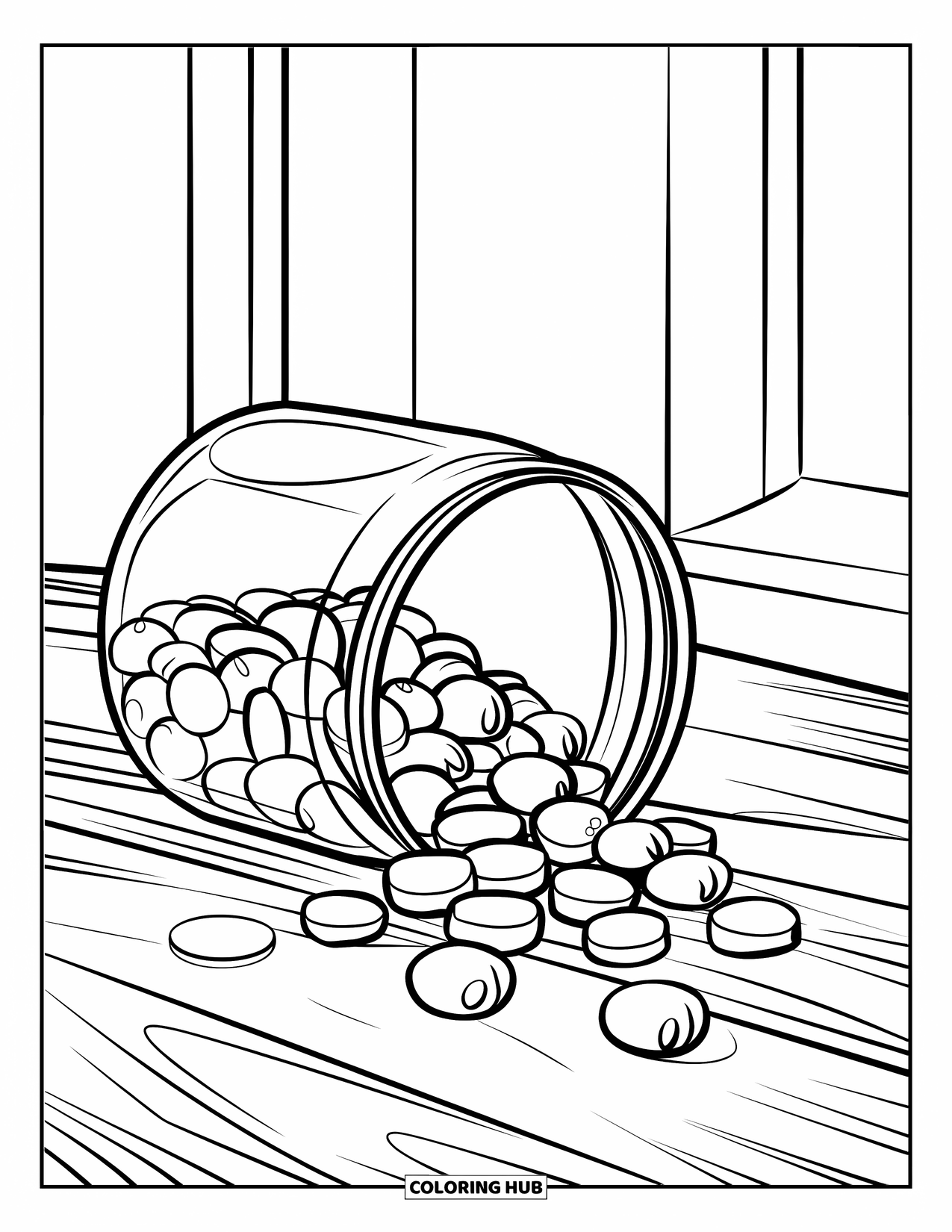 Candy Coloring Page for Kids: A tipped-over candy jar spilling candies onto a wooden table with scattered candy shapes