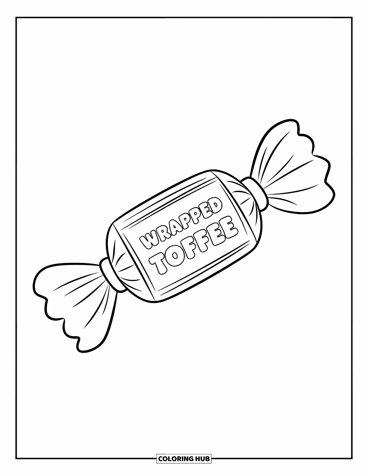 Candy Coloring Page for Kids: A wrapped toffee candy with bold ends and the text "Wrapped Toffee", floating in the air