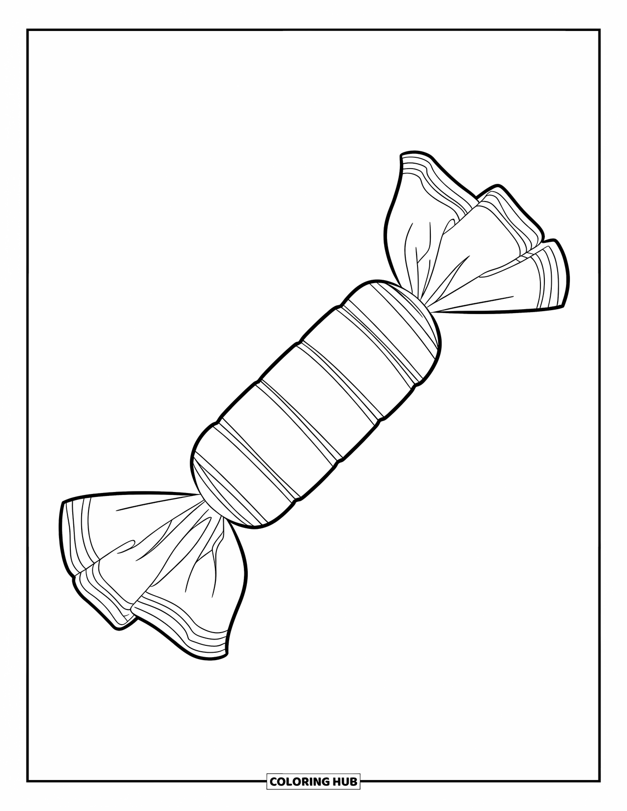 Candy Coloring Page for Kids: A wrapped toffee with bold ends, floating in the air with no background details