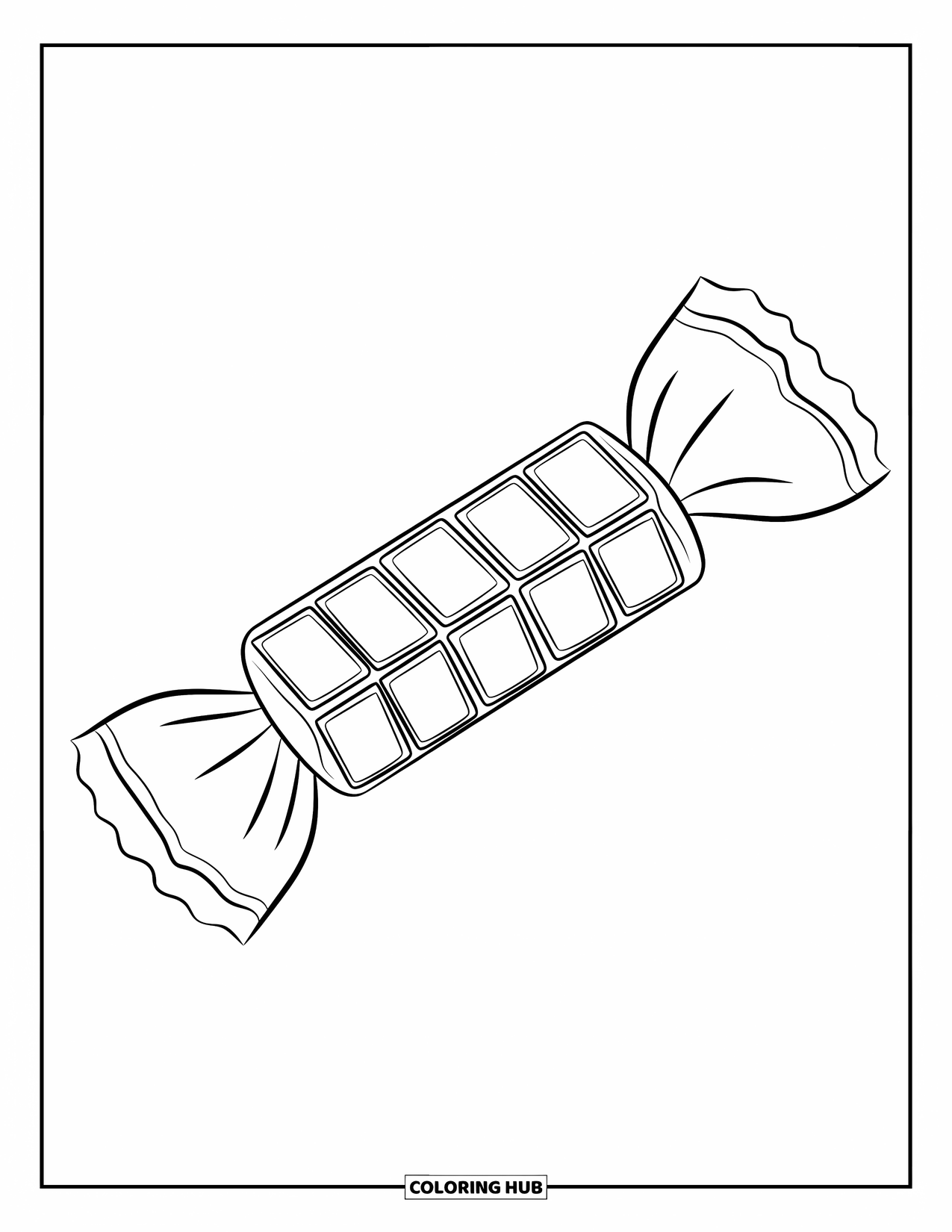 Candy Coloring Page for Kids: A wrapped toffee with bold ends, floating without any background elements