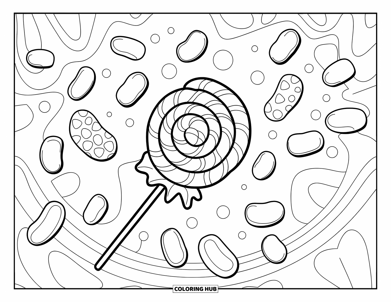 Candy Coloring Page for Kids: An intricate lollipop surrounded by floating jelly beans and small round candies in a clean design