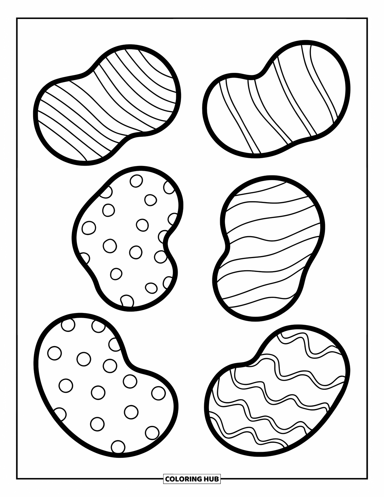 Candy Coloring Page for Kids: Five jelly beans scattered across the page with bold shapes and patterns like stripes and swirls