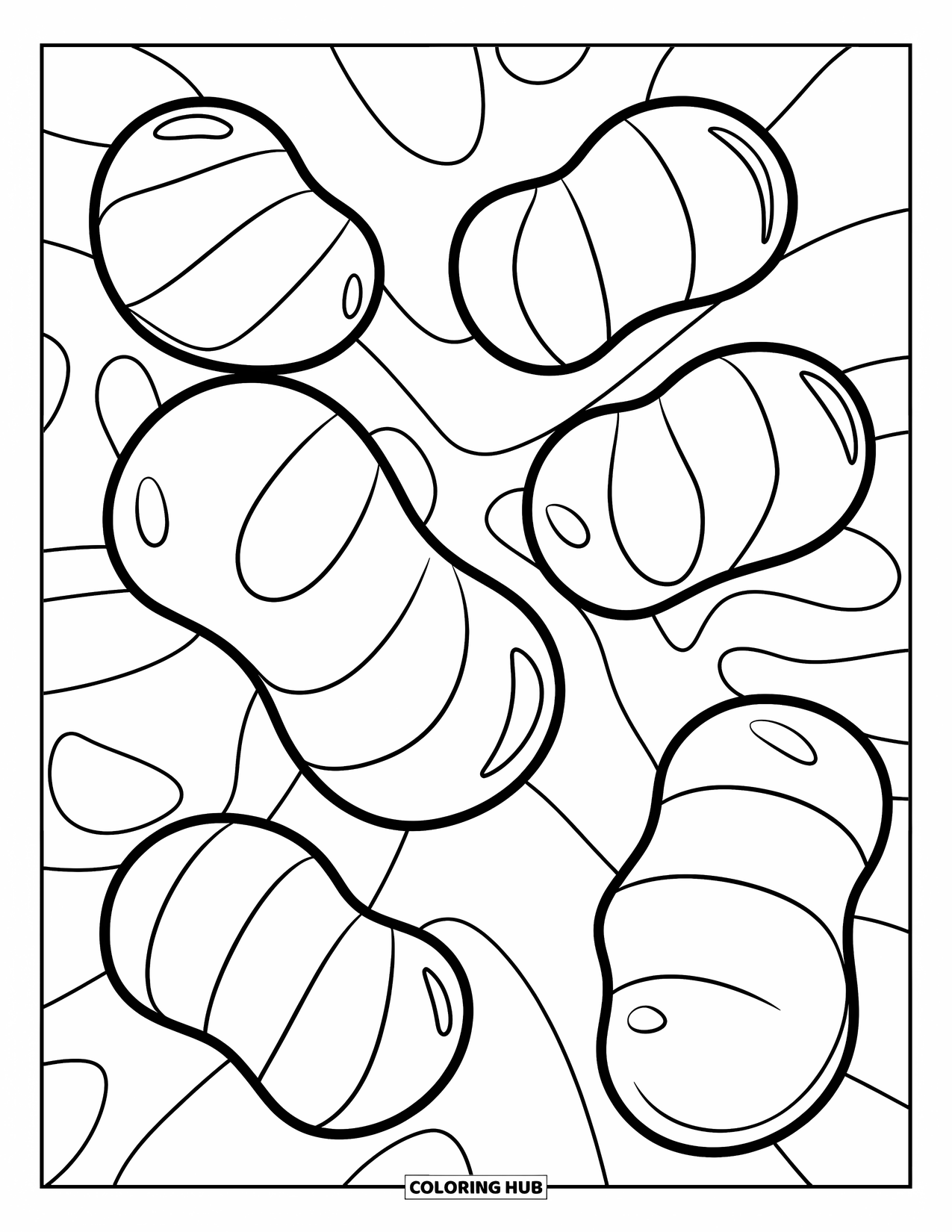 Candy Coloring Page for Kids: Five jelly beans scattered with rounded shapes, no shading or textures, ready for coloring