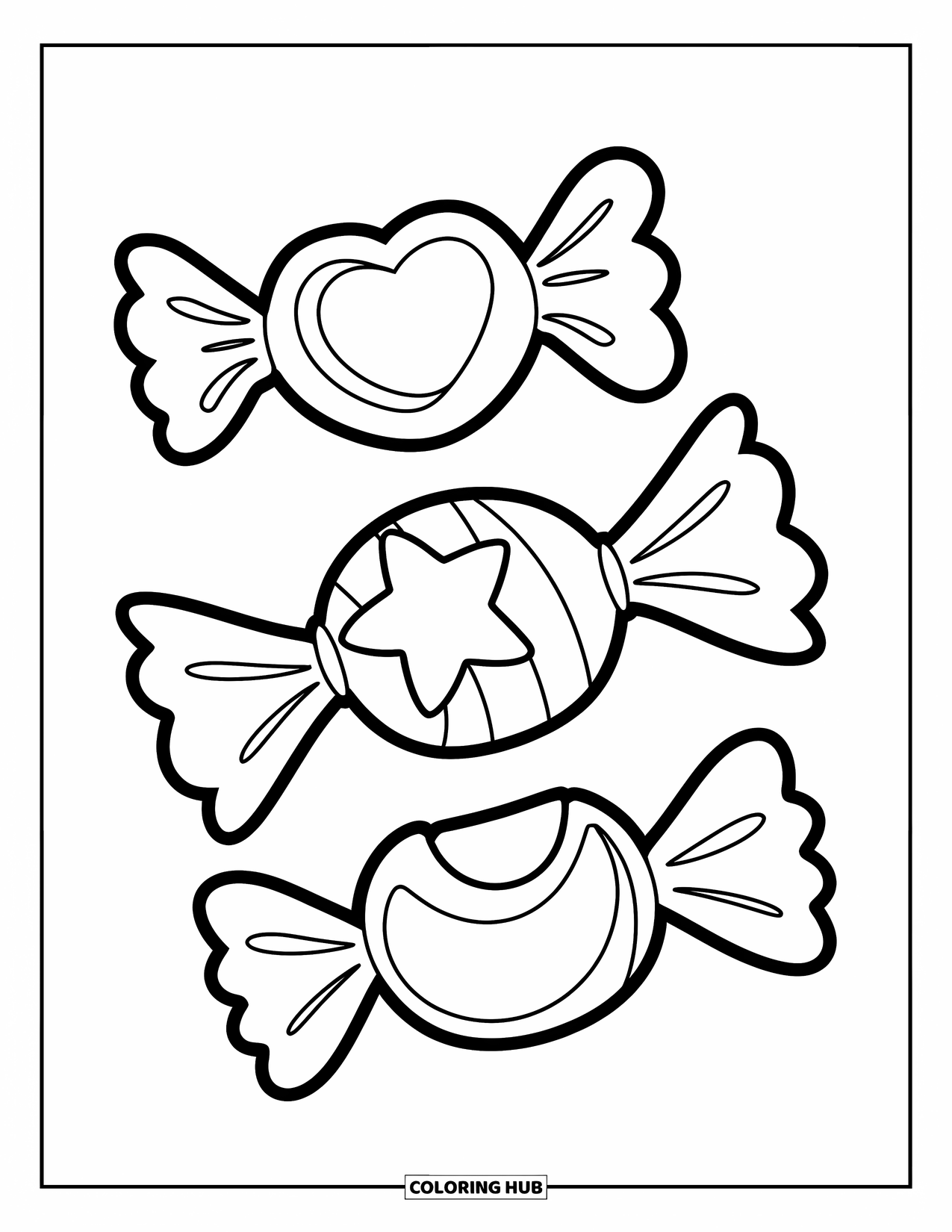 Candy Coloring Page for Kids: Three wrapped candies in different shapes: heart, star, and crescent moon, with text on the wrappers
