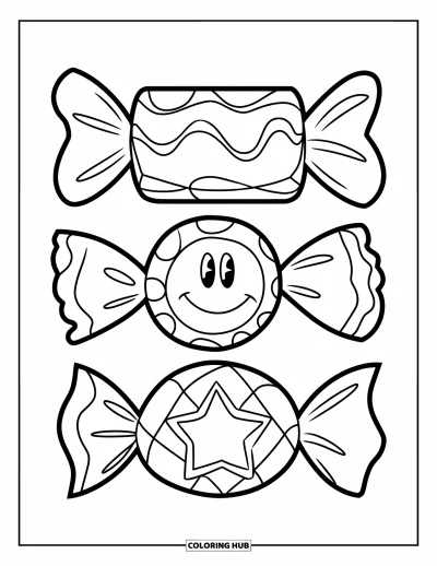 Candy Coloring Page for Kids: Three wrapped candies in different shapes: rectangle, circle with a smiley face, and triangle with a star