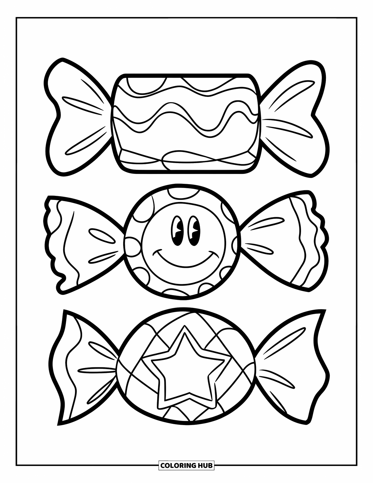 Candy Coloring Page for Kids: Three wrapped candies in different shapes: rectangle, circle with a smiley face, and triangle with a star