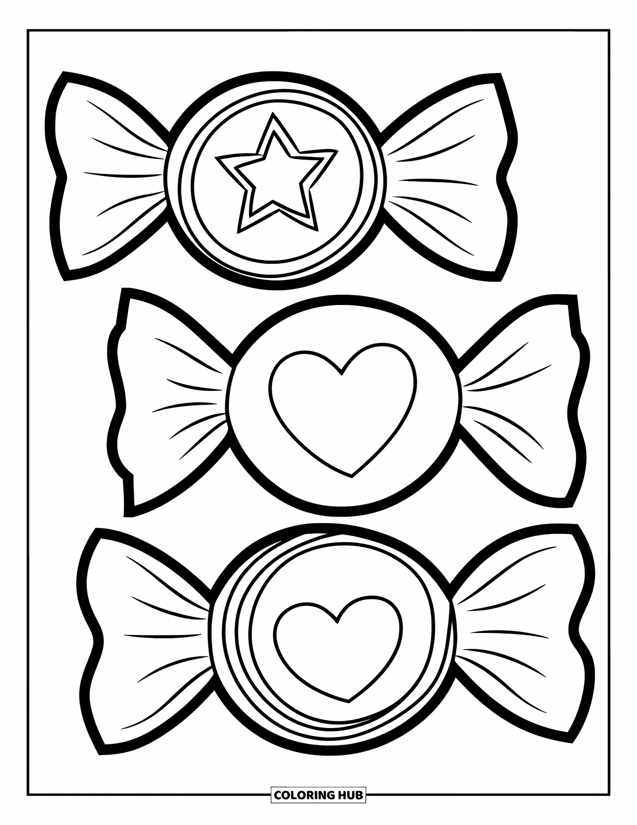 Candy Coloring Page for Kids: Three wrapped candies in different shapes: star, heart, and circle, with bold outlines