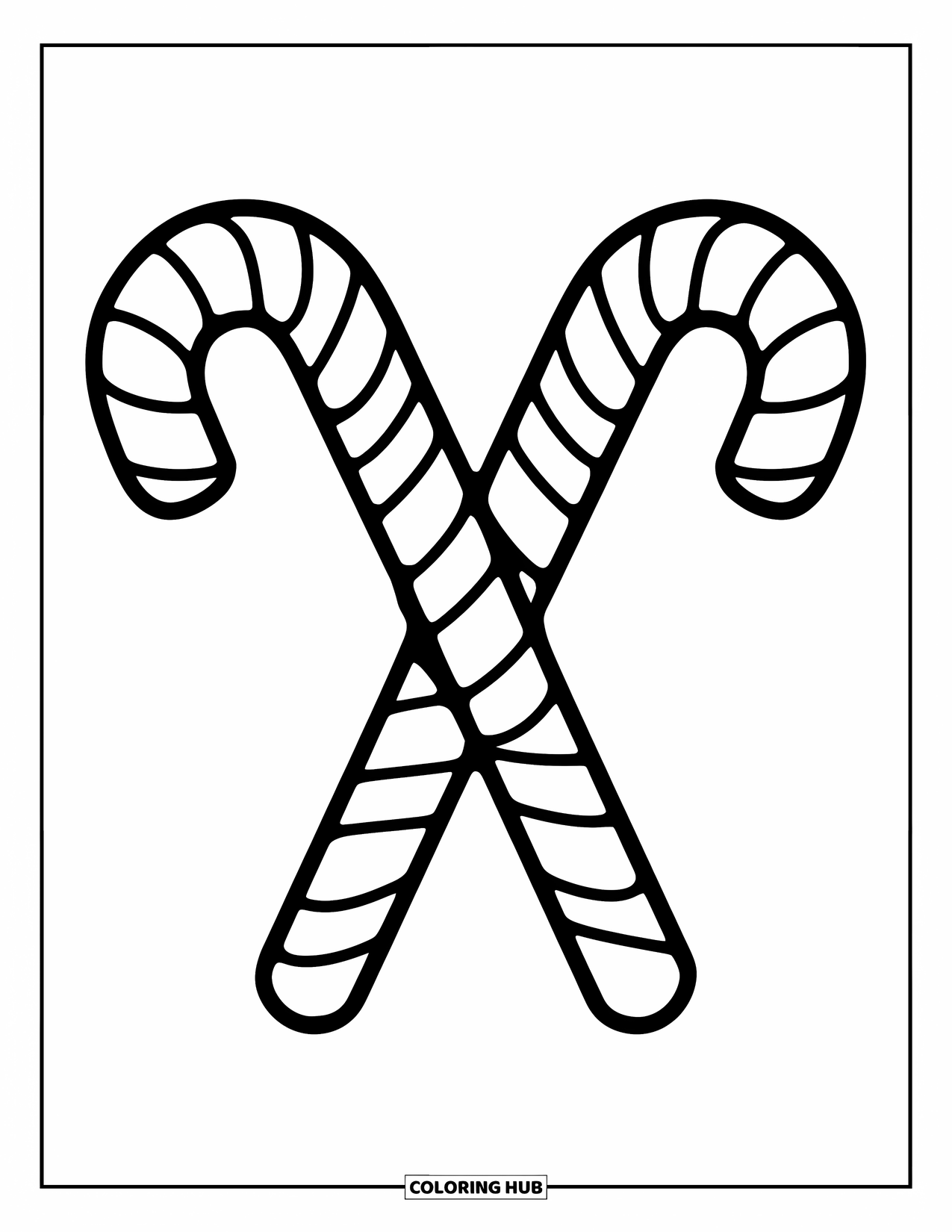 Candy Coloring Page for Kids: Two crossed candy canes with bold outlines on a clean background