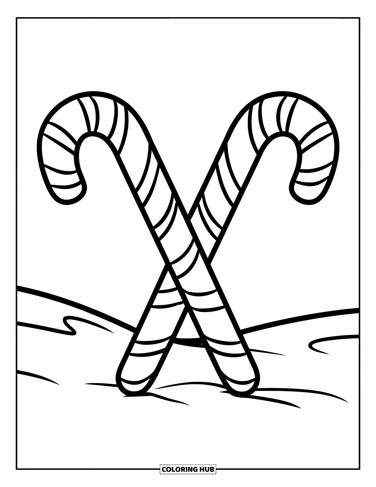 Candy Coloring Page for Kids: Two crossed candy canes with stripes placed on snow-covered ground