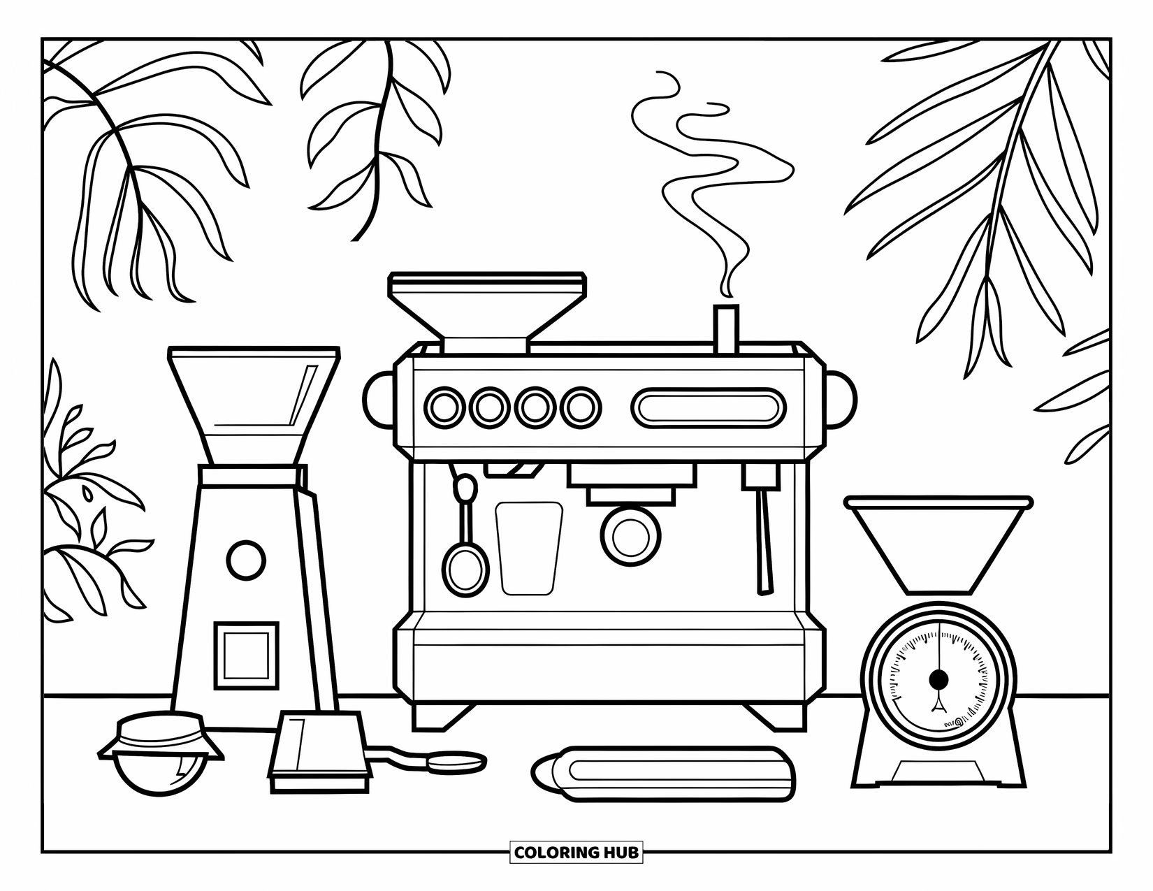 Coffee Coloring Page for Adults: A barista's station with an espresso machine, coffee tools, and rising steam