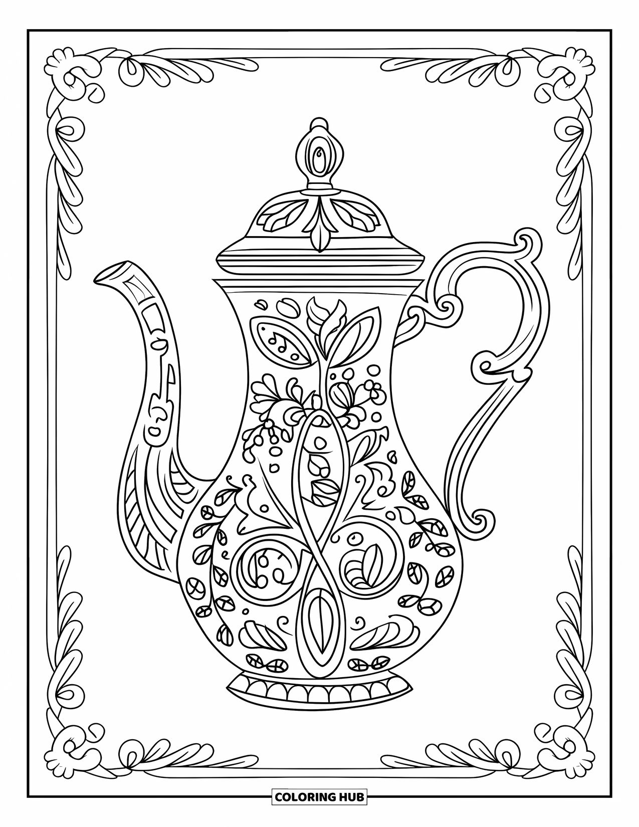 Coffee Coloring Page for Adults: A classic coffee pot with intricate designs and a plain background