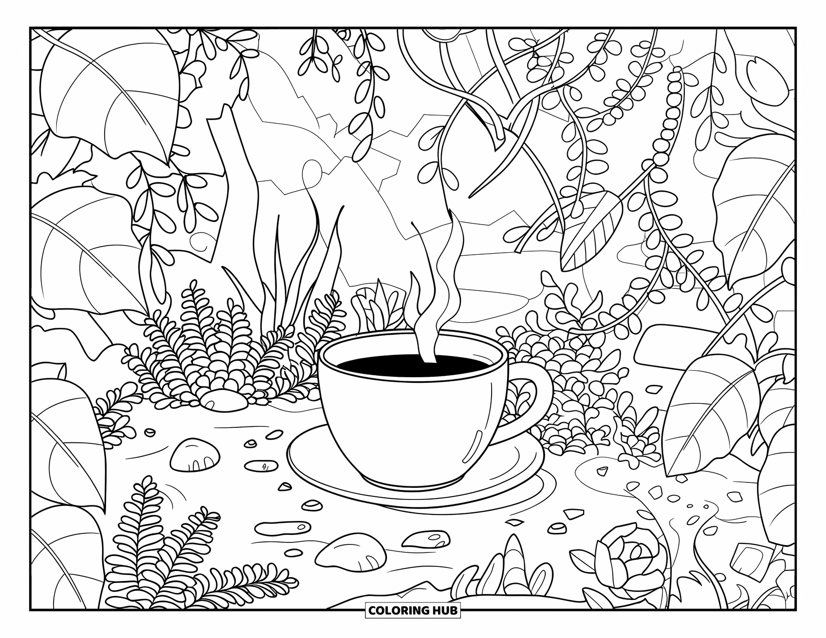 Coffee Coloring Page for Adults: A coffee cup among vines and roses with a rustic wall