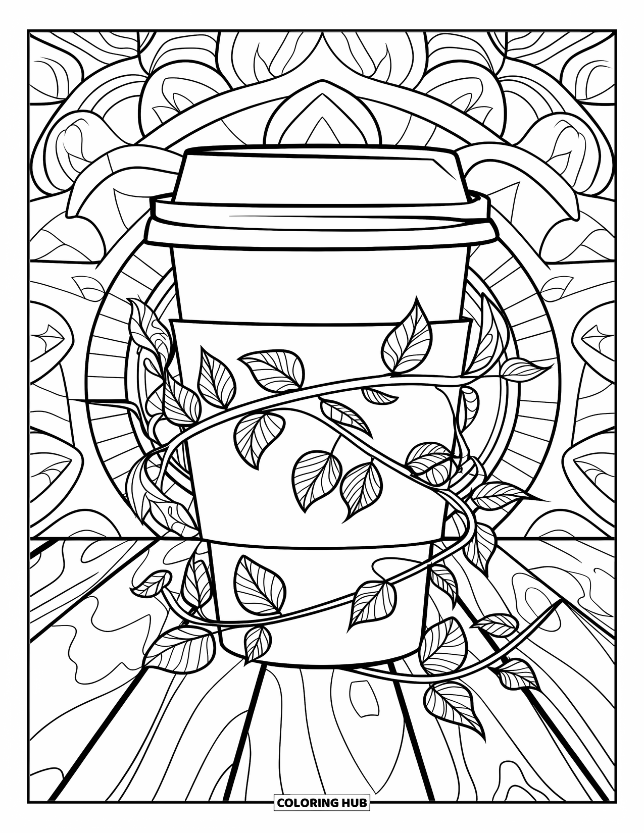 Coffee Coloring Page for Adults: A coffee cup entwined with vines, flowers, and a border
