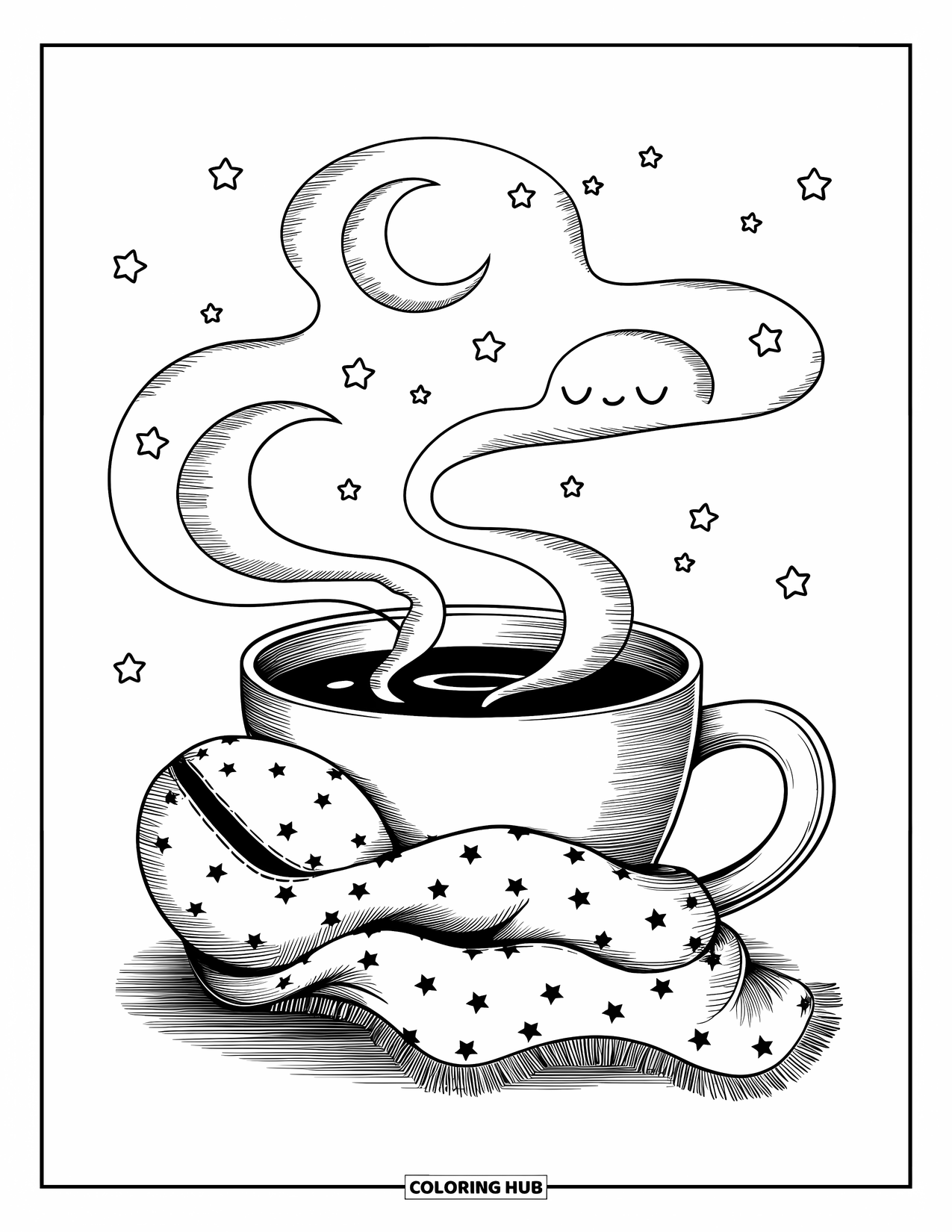 Coffee Coloring Page for Adults: A coffee cup hugging a plush bean pillow, with steam forming moons and stars