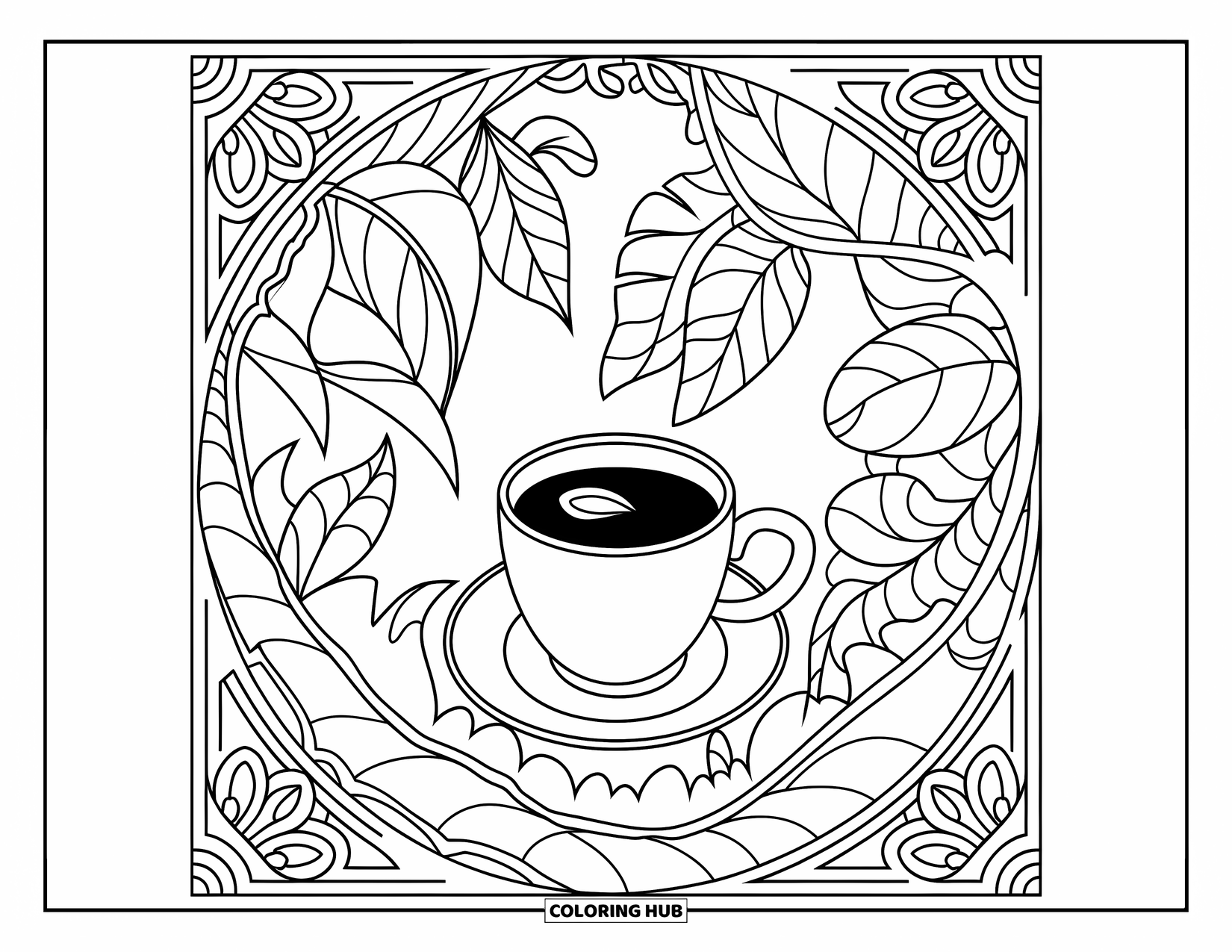 Coffee Coloring Page for Adults: A coffee cup in a garden with intricate plants and decorative borders