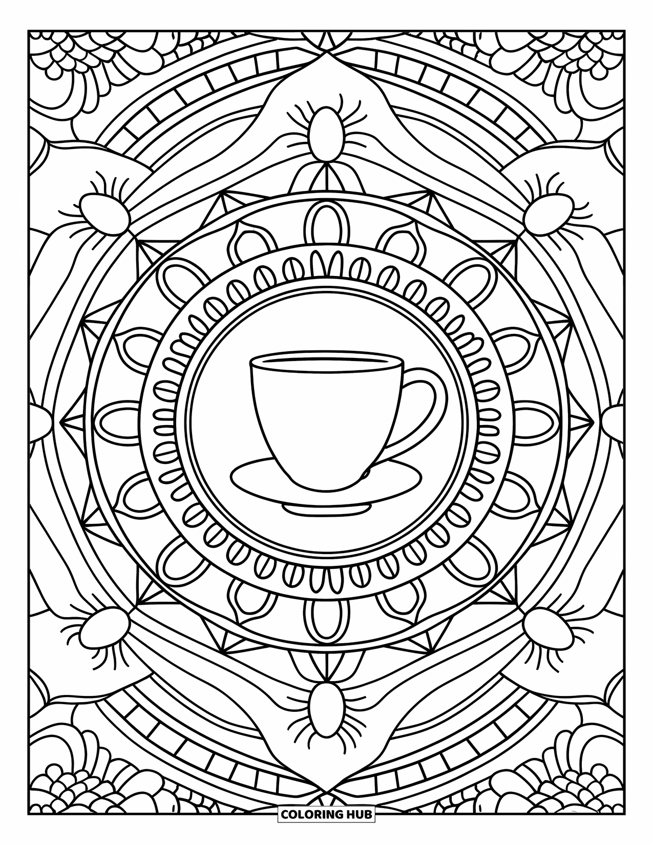 Coffee Coloring Page for Adults: A coffee cup inside a floral and geometric mandala