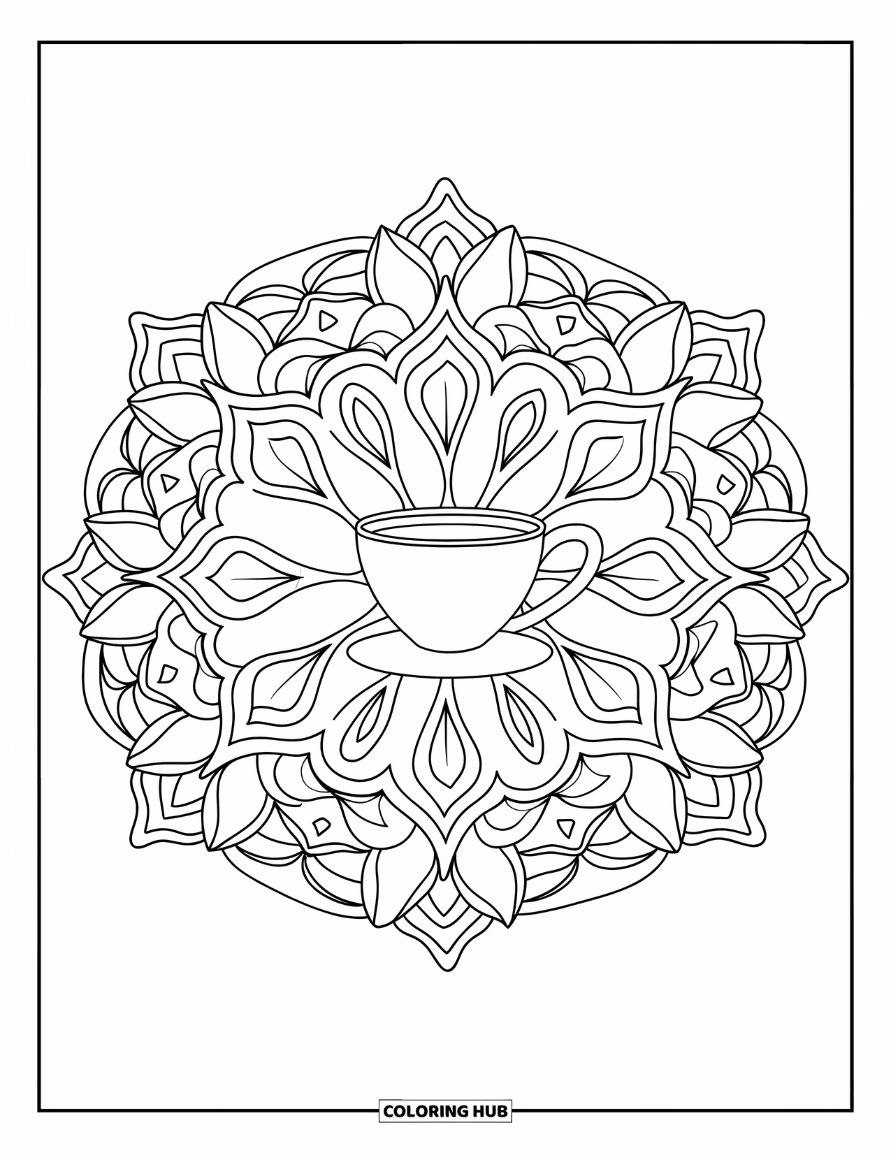 Coffee Coloring Page for Adults: A coffee cup surrounded by petals, leaves, and shapes