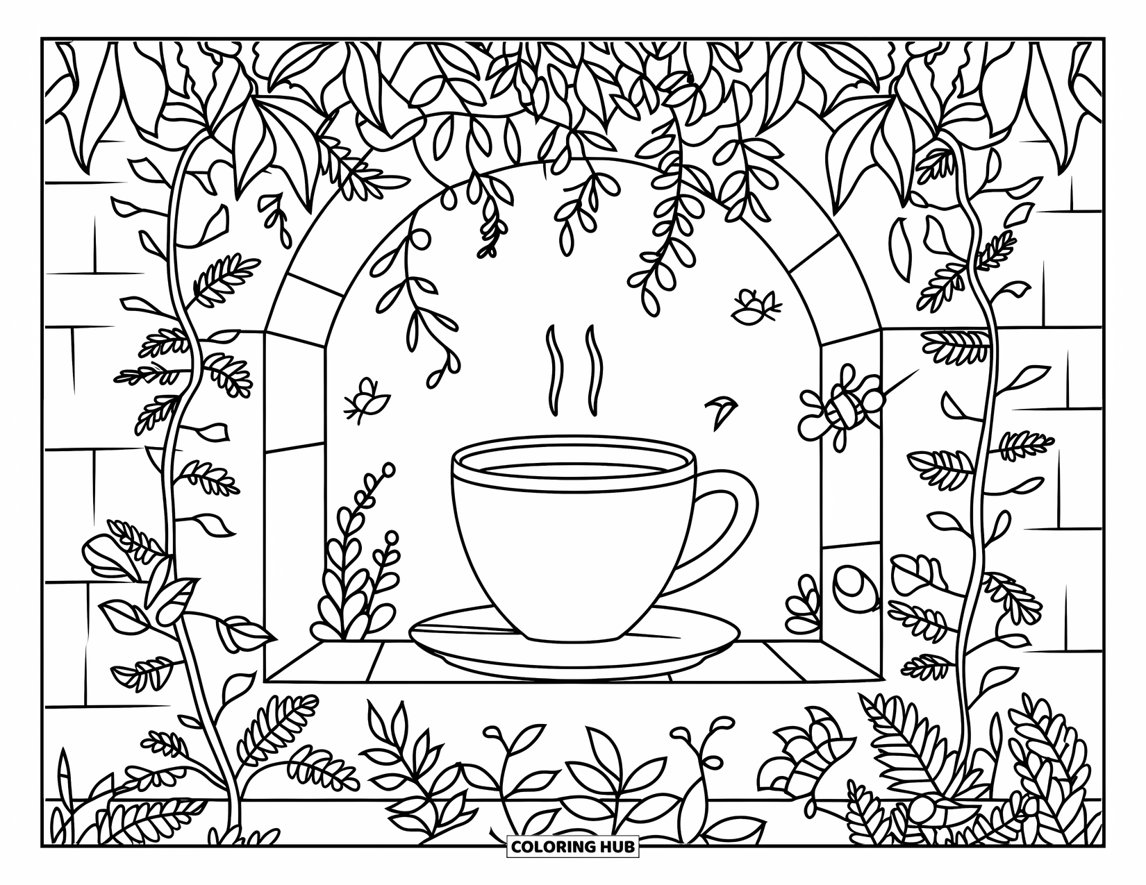 Coffee Coloring Page for Adults: A coffee cup surrounded by vines, ferns, and a stone wall