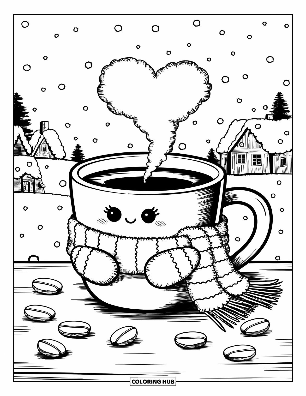 Coffee Coloring Page for Adults: A coffee cup with a scarf and mittens, sitting in a snowy landscape