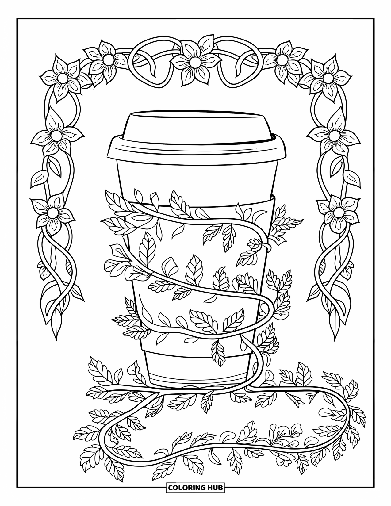 Coffee Coloring Page for Adults: A coffee cup with curling botanical vines