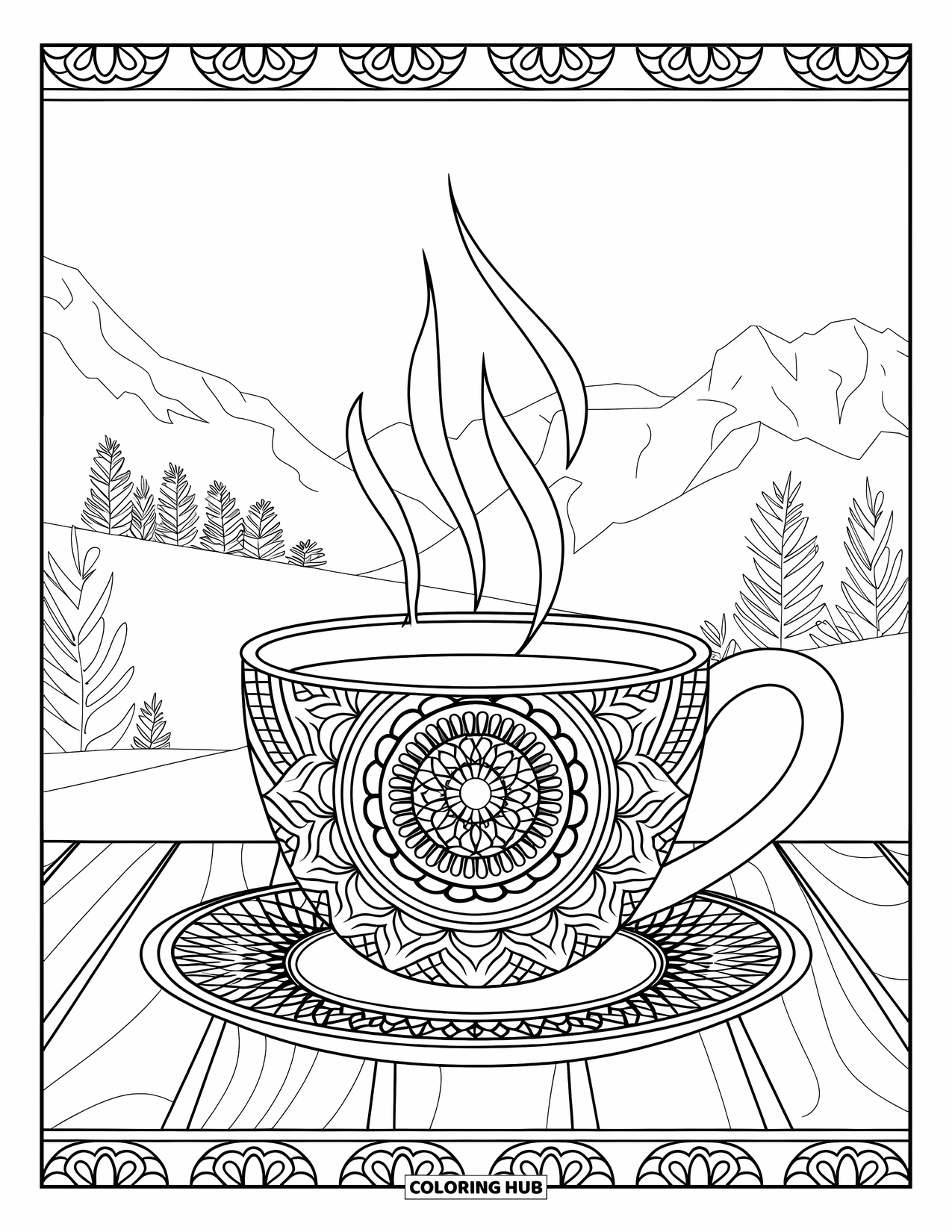 Coffee Coloring Page for Adults: A coffee cup with mandala patterns and mountains
