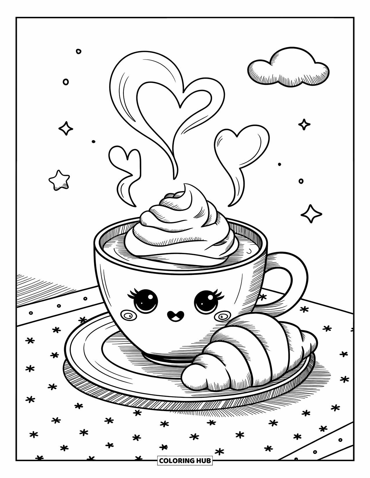 Coffee Coloring Page for Adults: A coffee cup with whipped cream, a croissant, and a simple starry background
