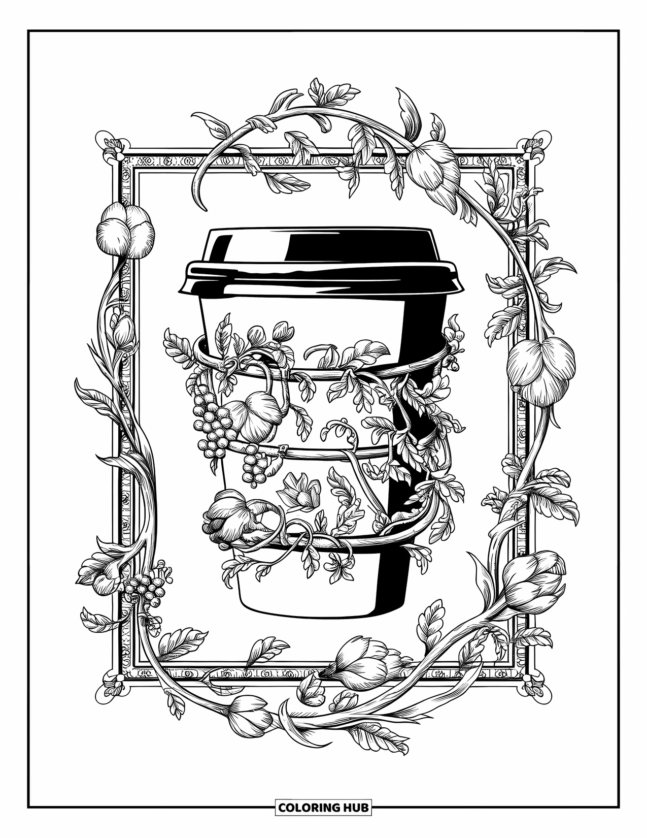 Coffee Coloring Page for Adults: A coffee cup wrapped in botanical vines with flowers