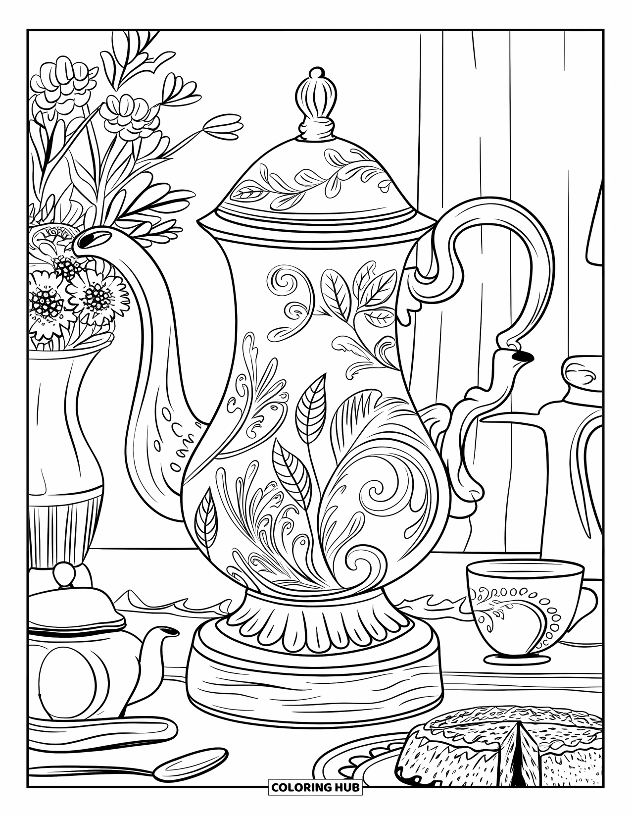 Coffee Coloring Page for Adults: A coffee pot on a wooden base with a teapot and cake