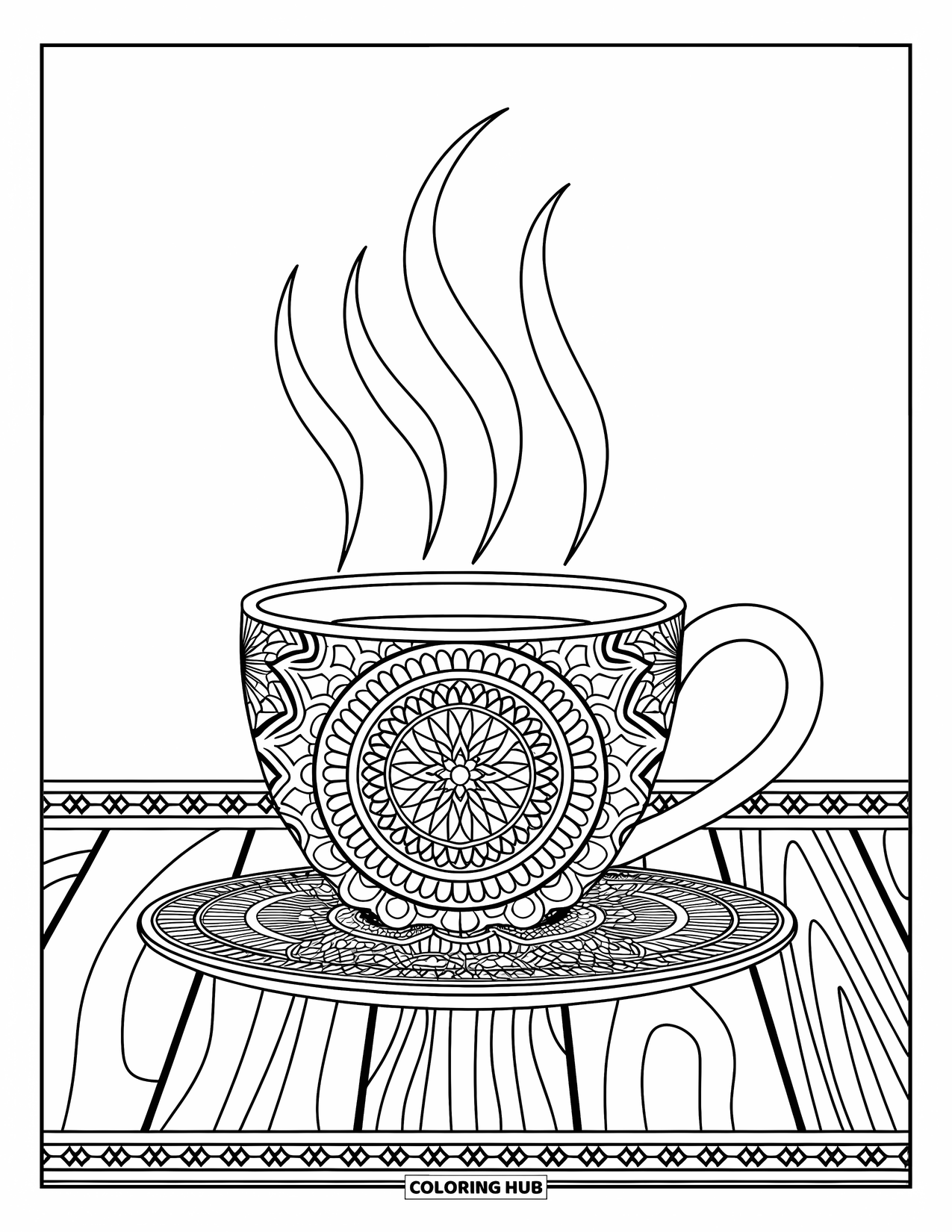 Coffee Coloring Page for Adults: A cup with bold mandala patterns and a border