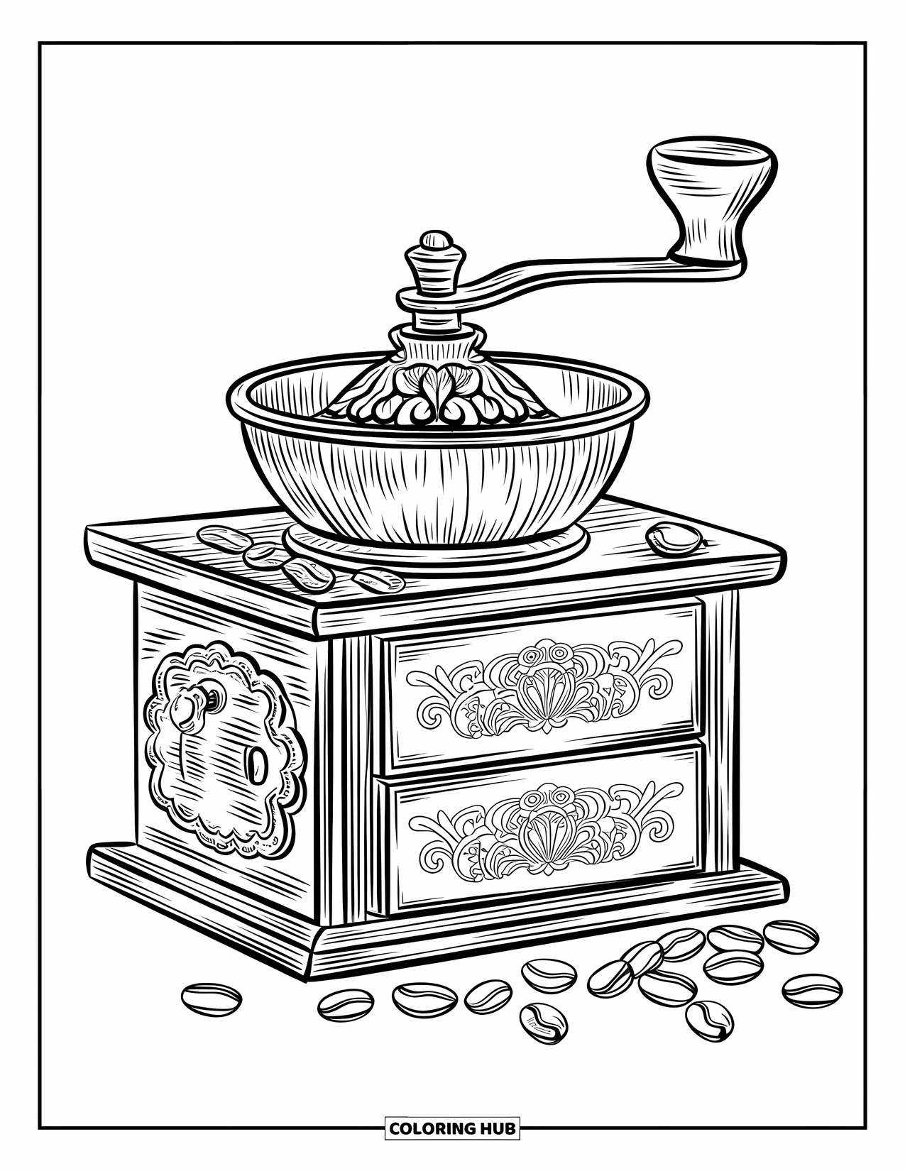 Coffee Coloring Page for Adults: A decorative coffee grinder with a spout and coffee beans