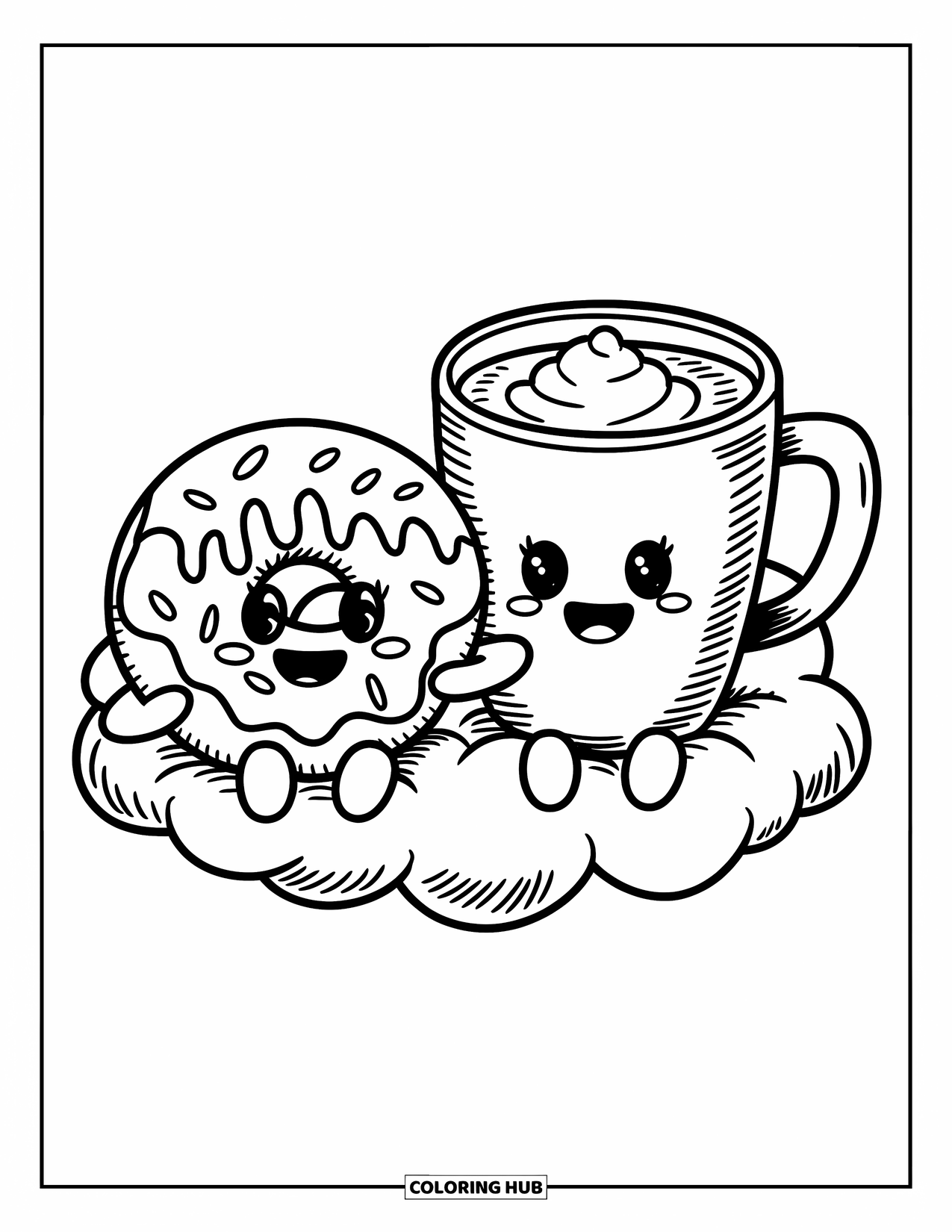 Coffee Coloring Page for Adults: A kawaii coffee mug and a smiling donut holding hands on a fluffy cloud