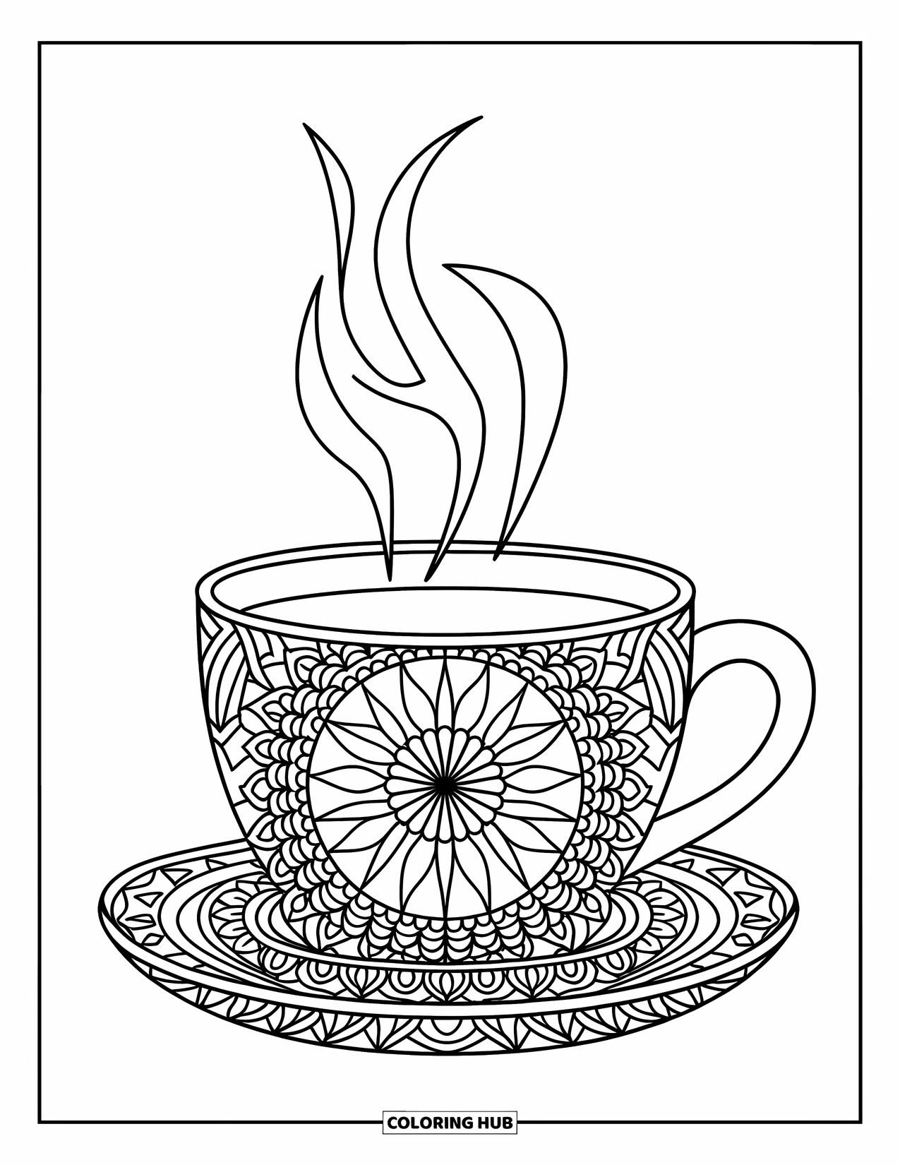 Coffee Coloring Page for Adults: A mandala-covered coffee cup on a wooden saucer
