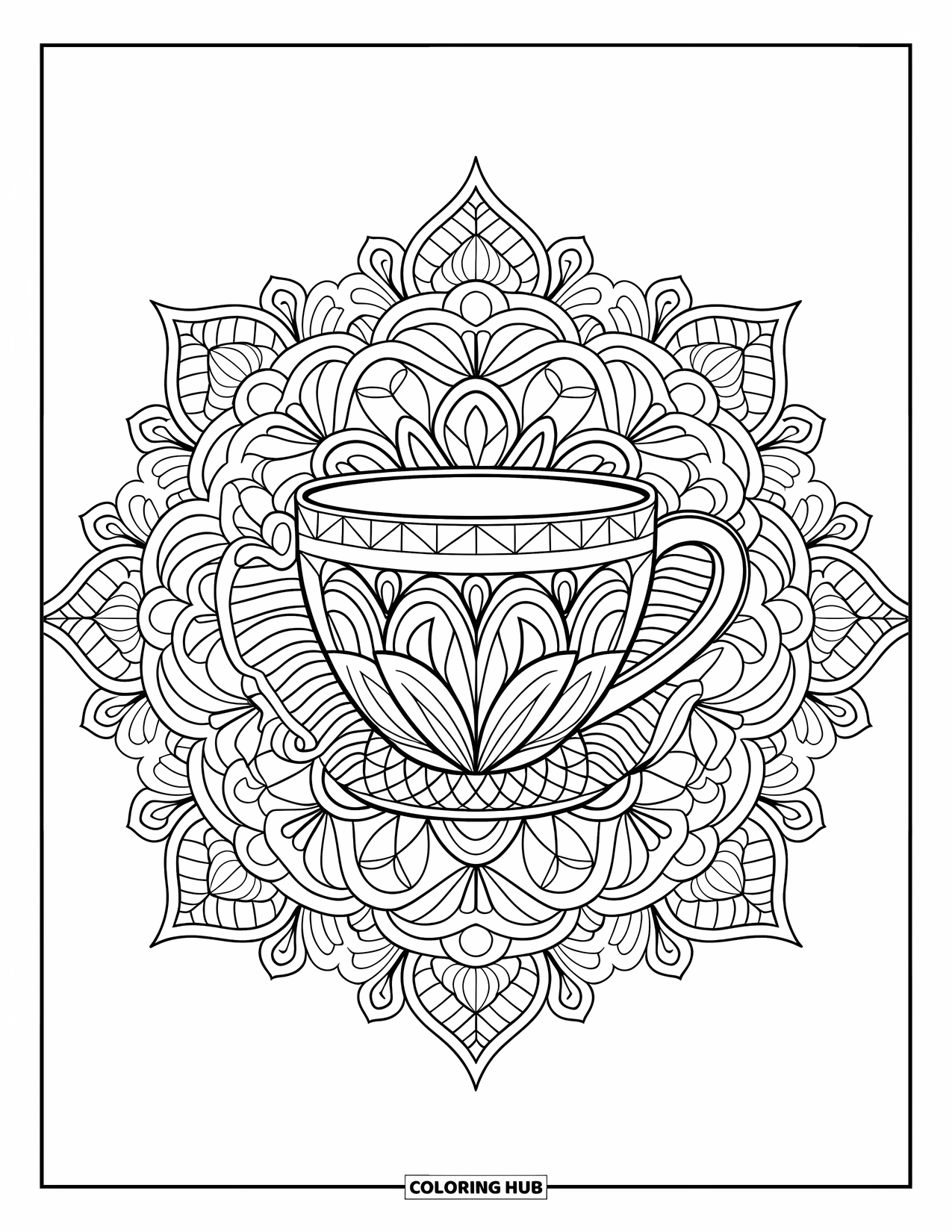Coffee Coloring Page for Adults: A mandala with a coffee cup at its center