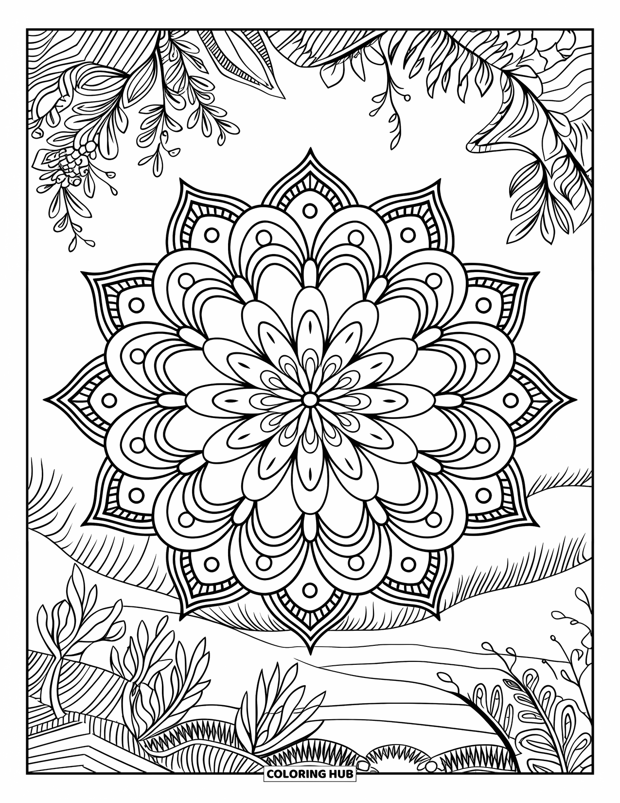 Coffee Coloring Page for Adults: A mandala with floral designs and a nature-inspired background