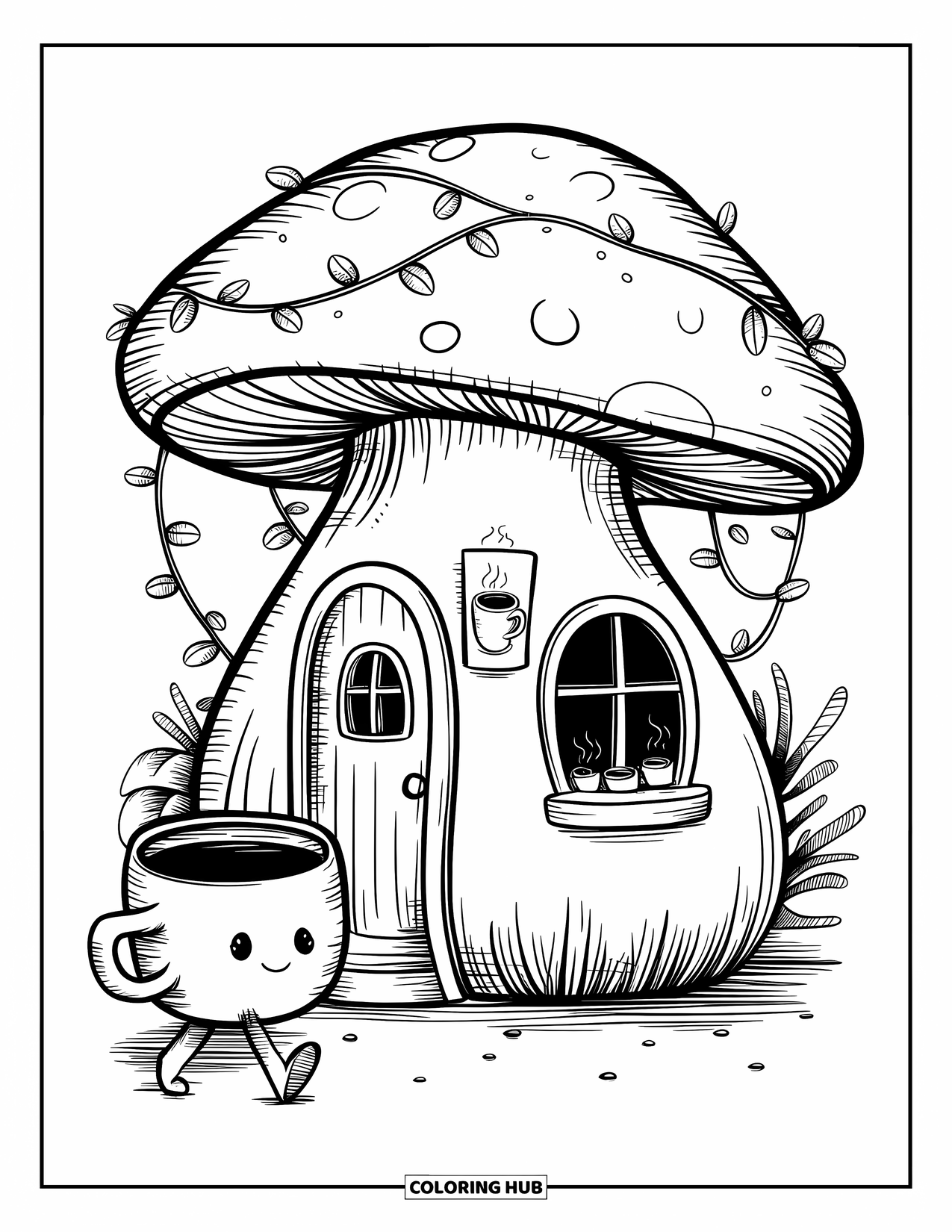 Coffee Coloring Page for Adults: A mushroom cafÈ with tiny windows, a door, and a coffee bean-covered roof