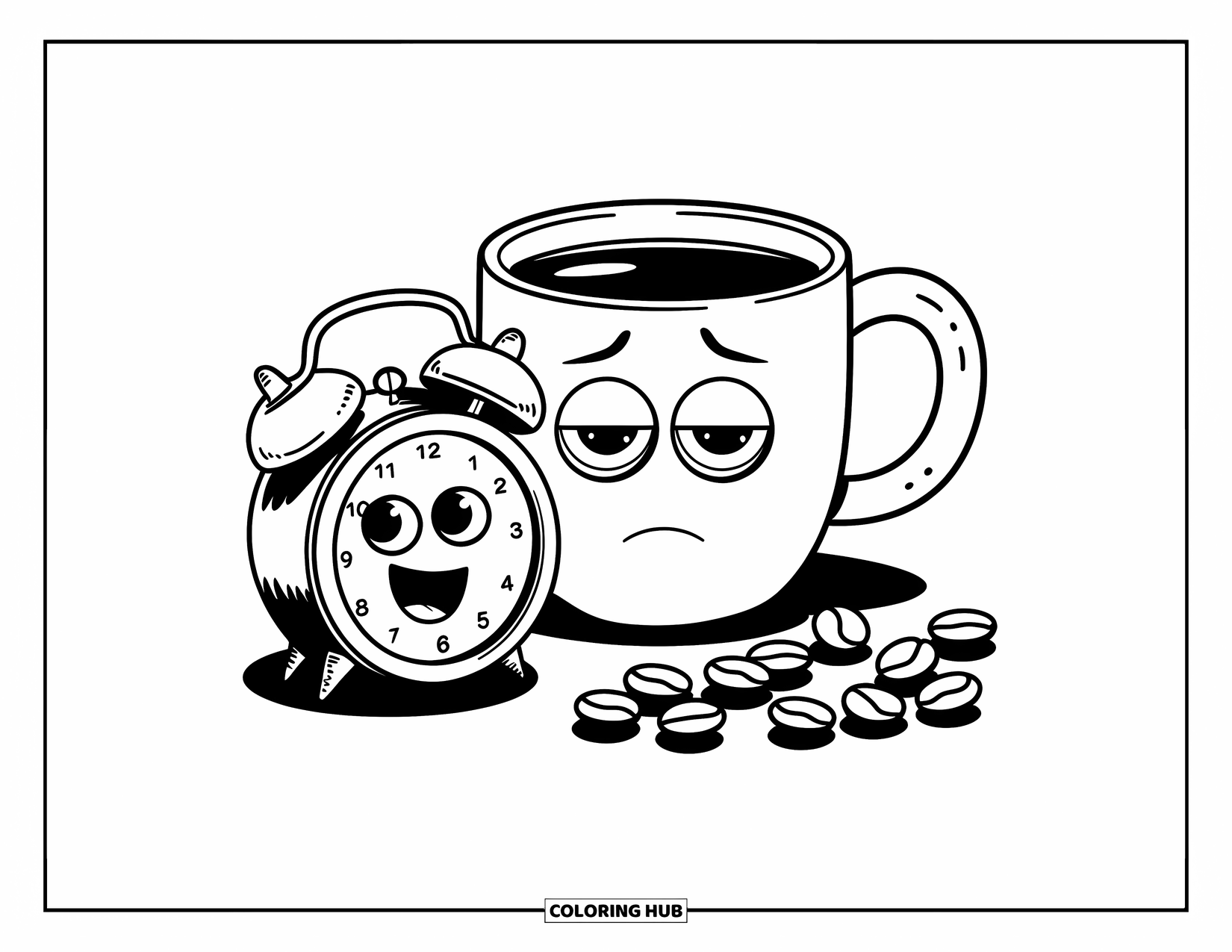 Coffee Coloring Page for Adults: A sleepy coffee cup beside a tiny alarm clock, looking exhausted