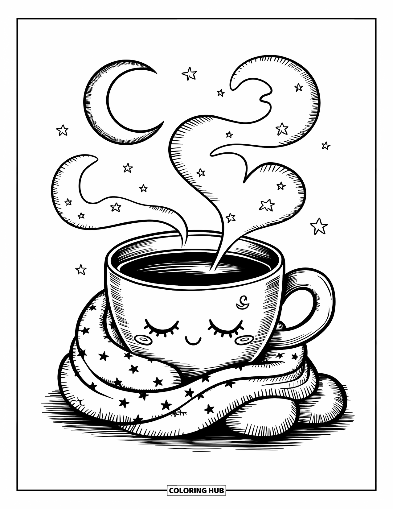 Coffee Coloring Page for Adults: A sleepy coffee cup snuggling a plush coffee bean pillow, with dreamy steam shapes