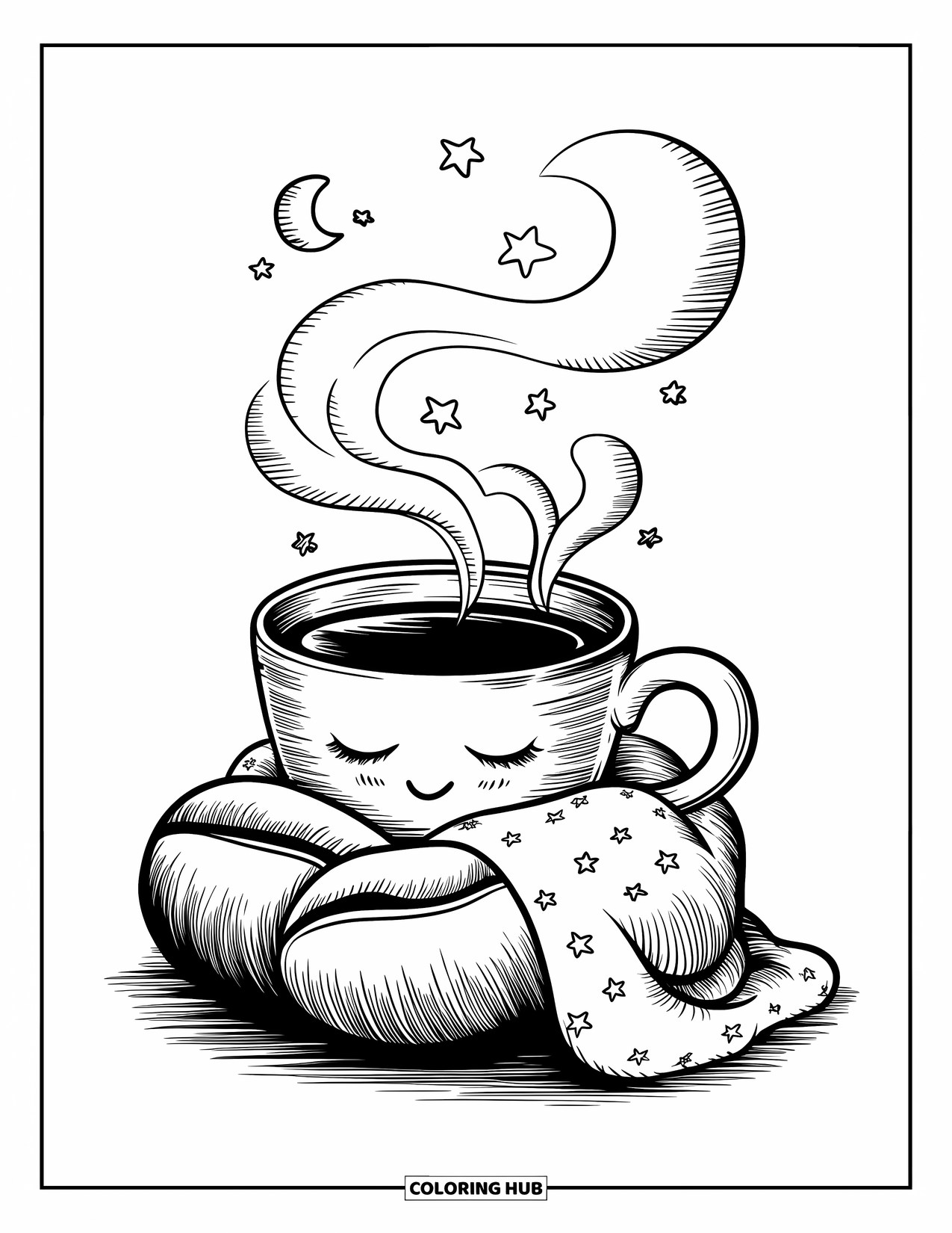 Coffee Coloring Page for Adults: A sleepy coffee cup wrapped in a blanket, hugging a giant coffee bean