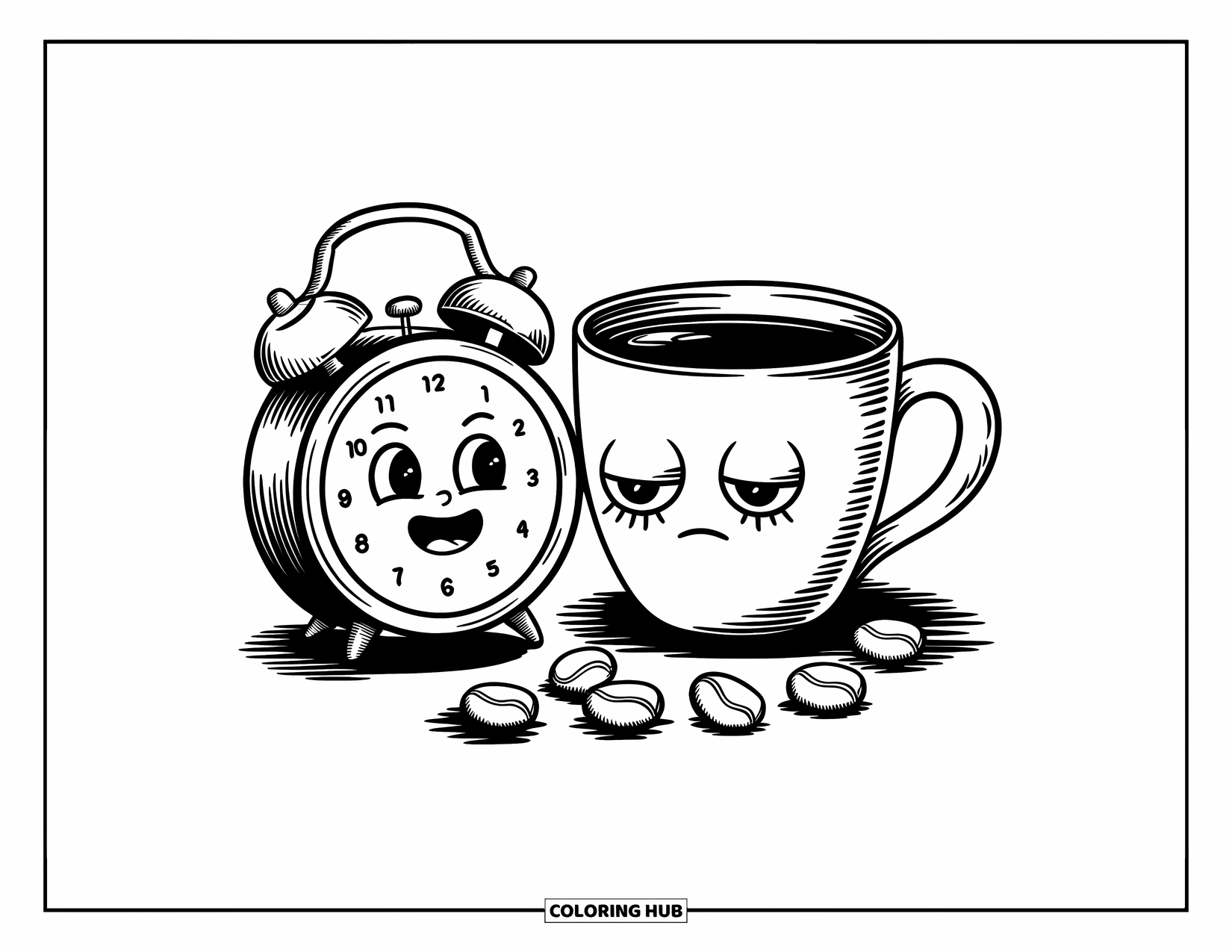 Coffee Coloring Page for Adults: A sleepy coffee mug next to an alarm clock, surrounded by tiny jumping coffee beans