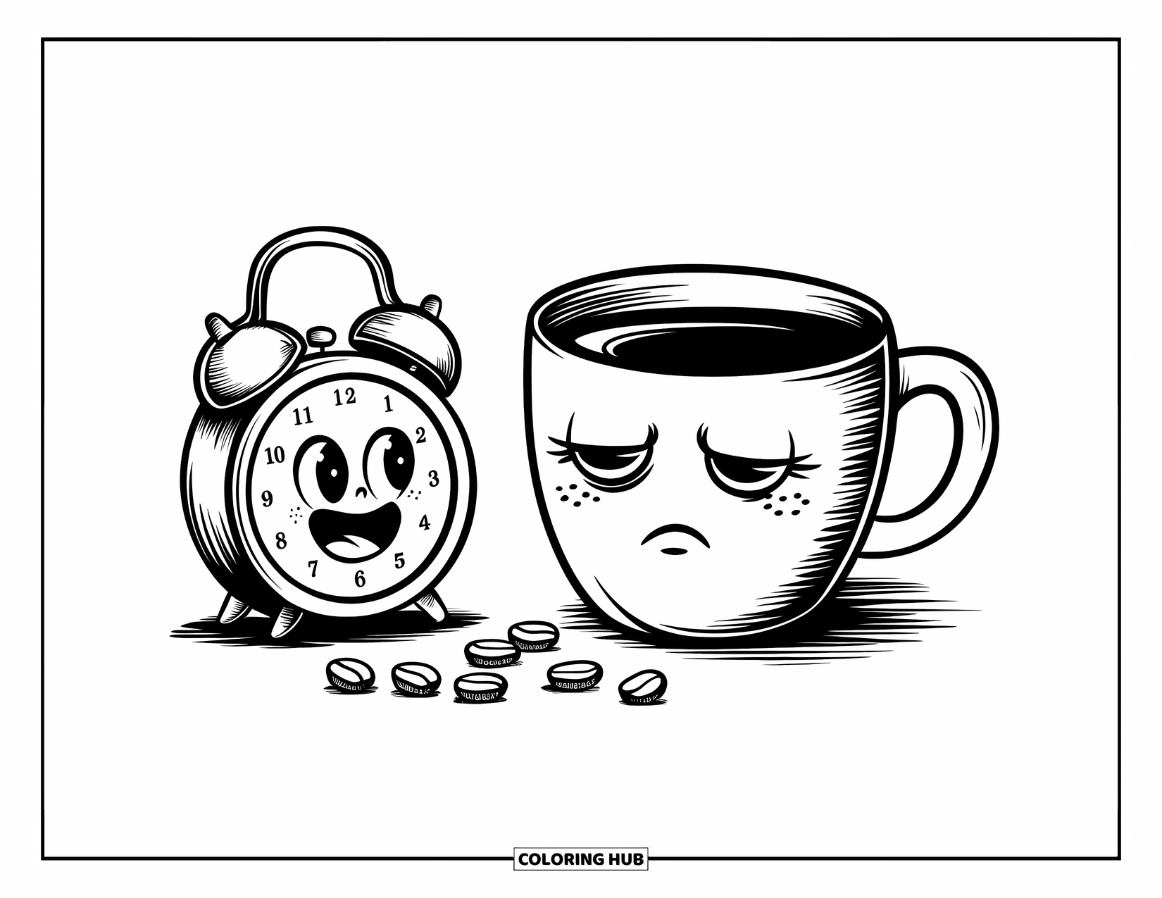 Coffee Coloring Page for Adults: A sleepy coffee mug with tired eyes, sitting beside an excited alarm clock