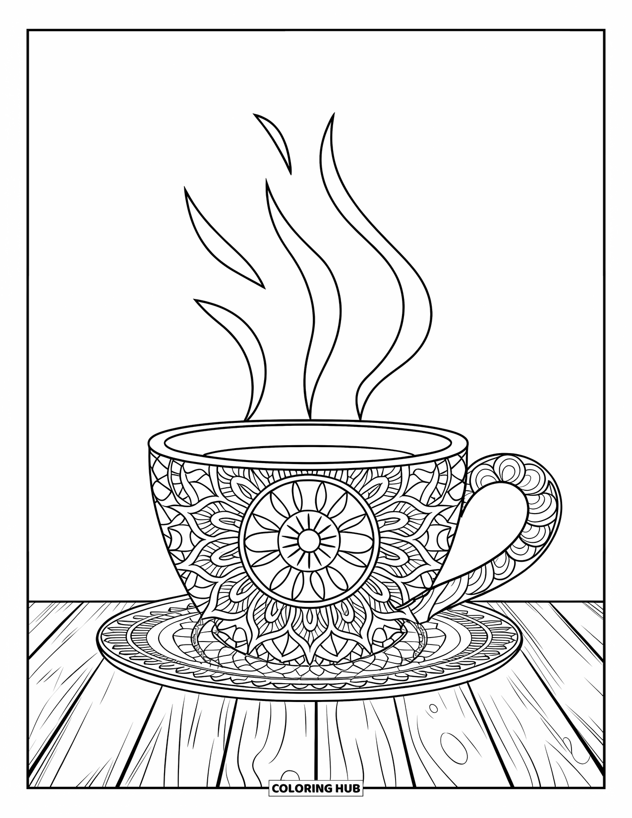 Coffee Coloring Page for Adults: A steaming coffee cup covered in mandala patterns