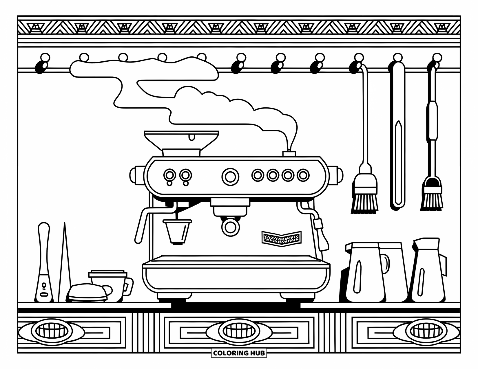 Coffee Coloring Page for Adults: A stylish espresso machine with coffee tools, intricate patterns, and steam