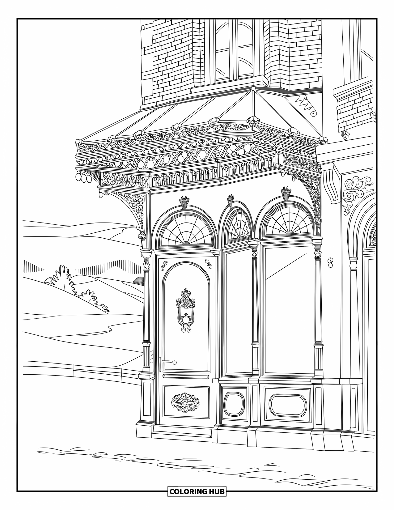 Coffee Coloring Page for Adults: A vintage café with stained glass windows and ironwork