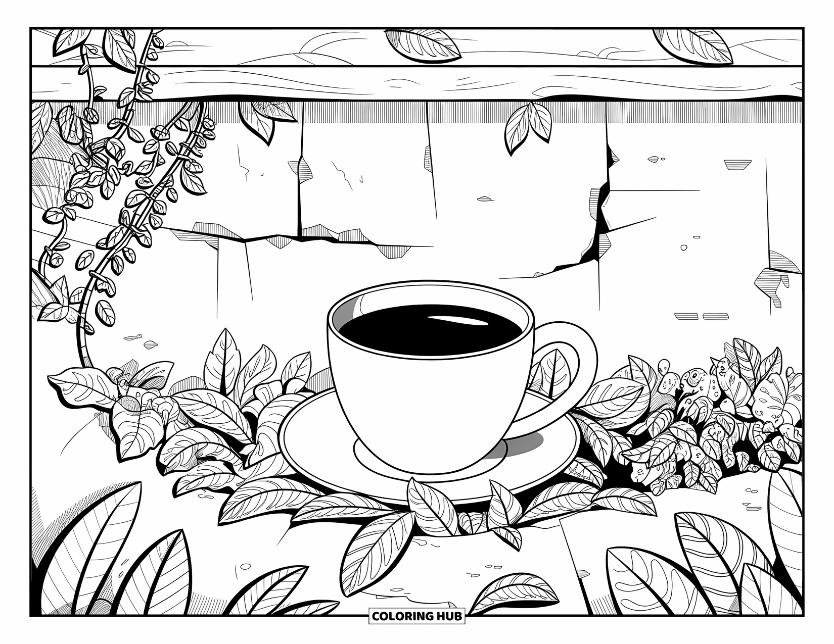 Coffee Coloring Page for Adults: A vintage coffee cup wrapped in vines against a cracked wall